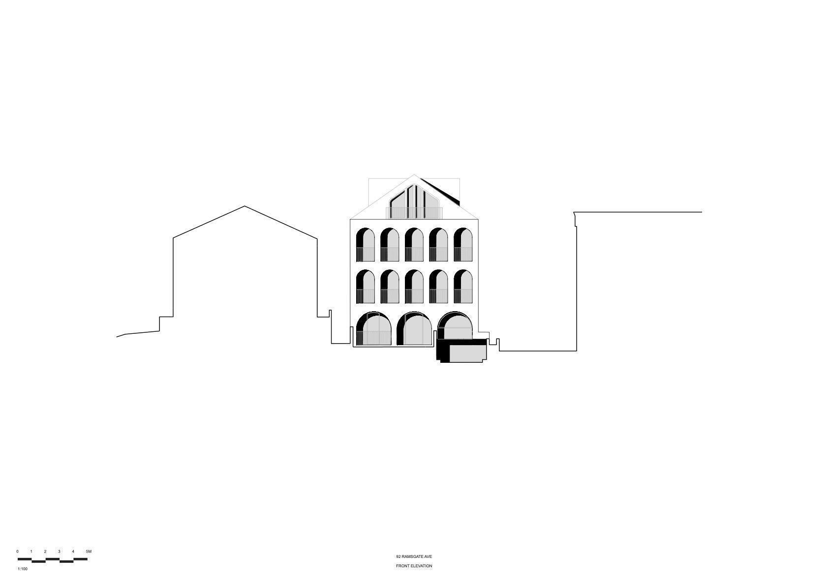 Front elevation drawing showing three-story facade with arched openings and gabled roof beside adjacent buildings