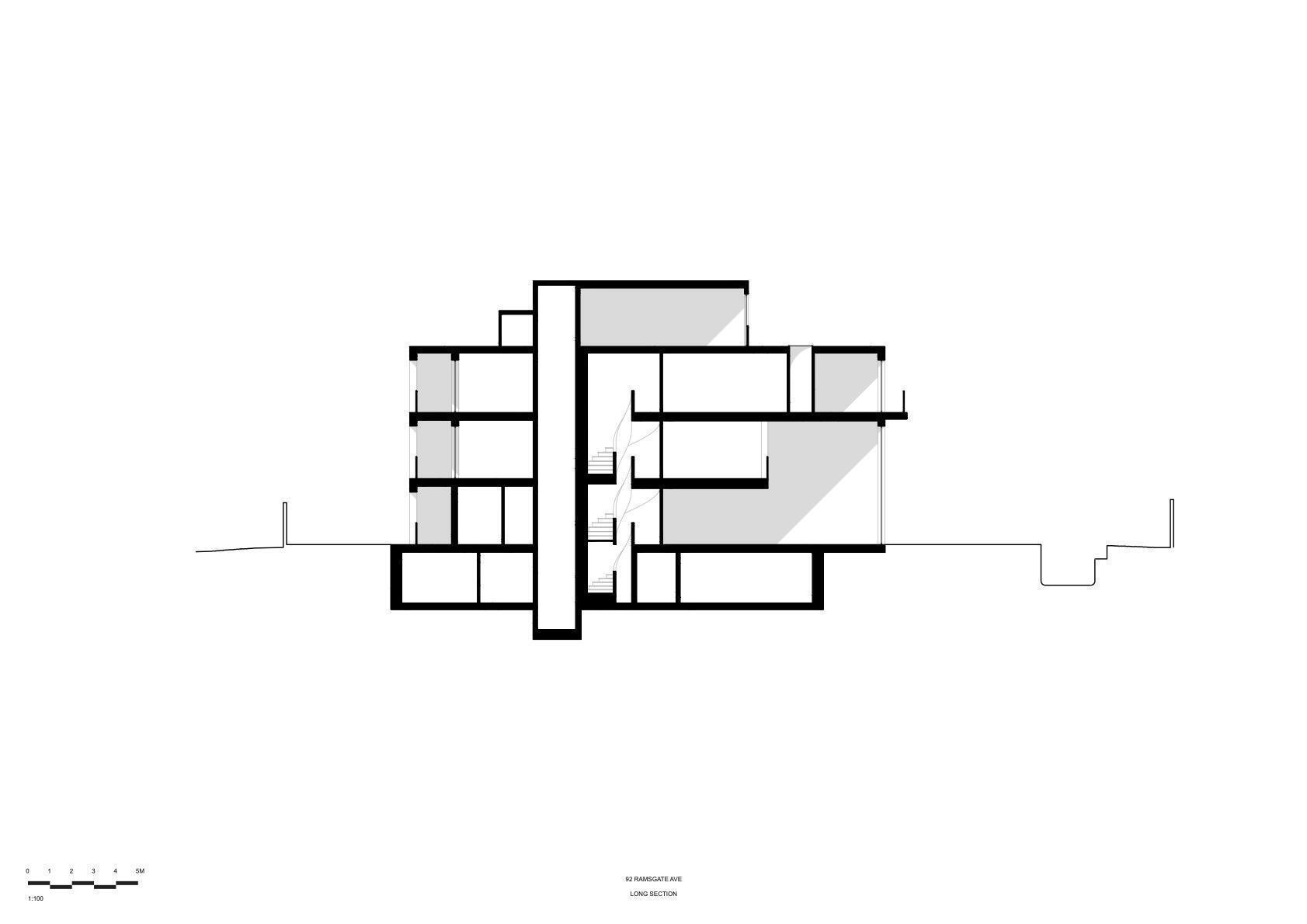 Section drawing showing staggered interior volumes at multiple levels with cantilevered spaces
