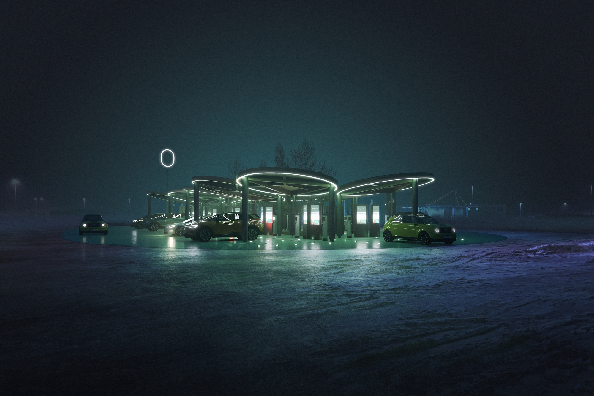 Charging station with overlapping circular canopies glowing in fog at dusk