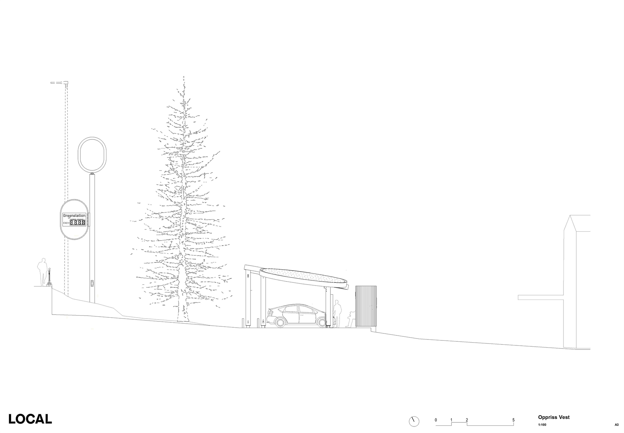 Section drawing showing a small canopy structure with a parked car next to a tall tree and signage