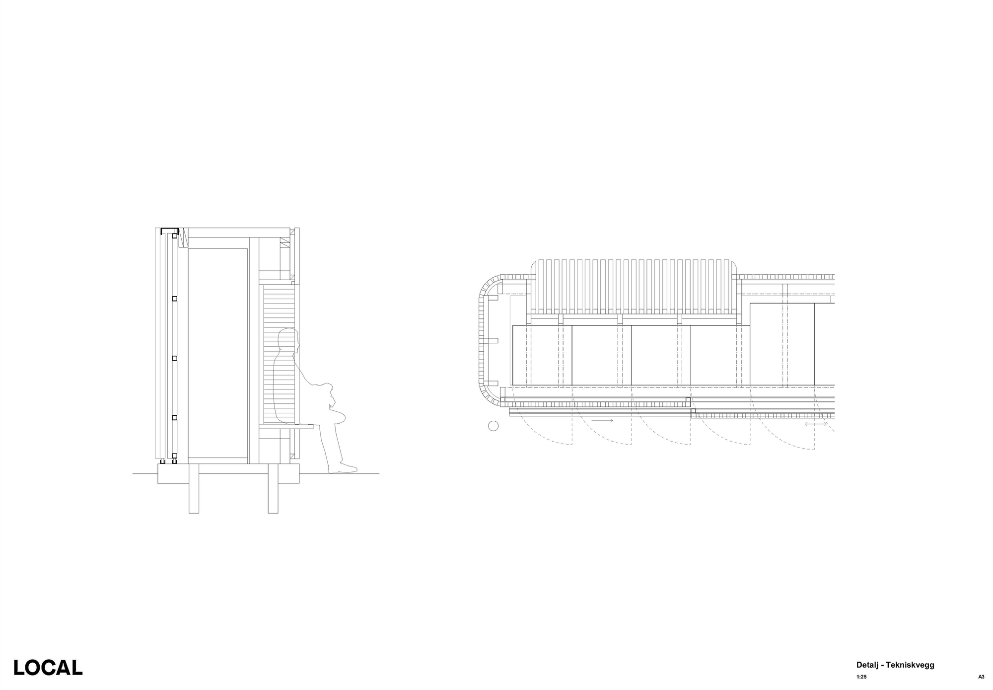 Detail section drawings of a staircase entry and a ribbed canopy structure with supporting columns