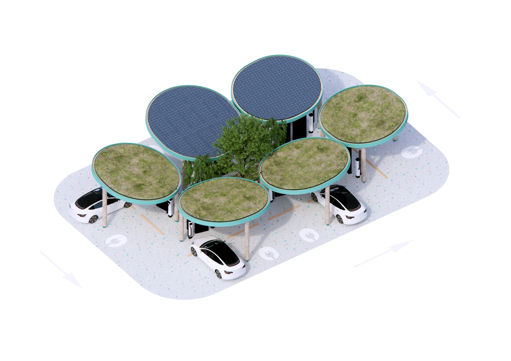 Axonometric rendering of six circular canopies with solar panels and green roofs sheltering parked cars