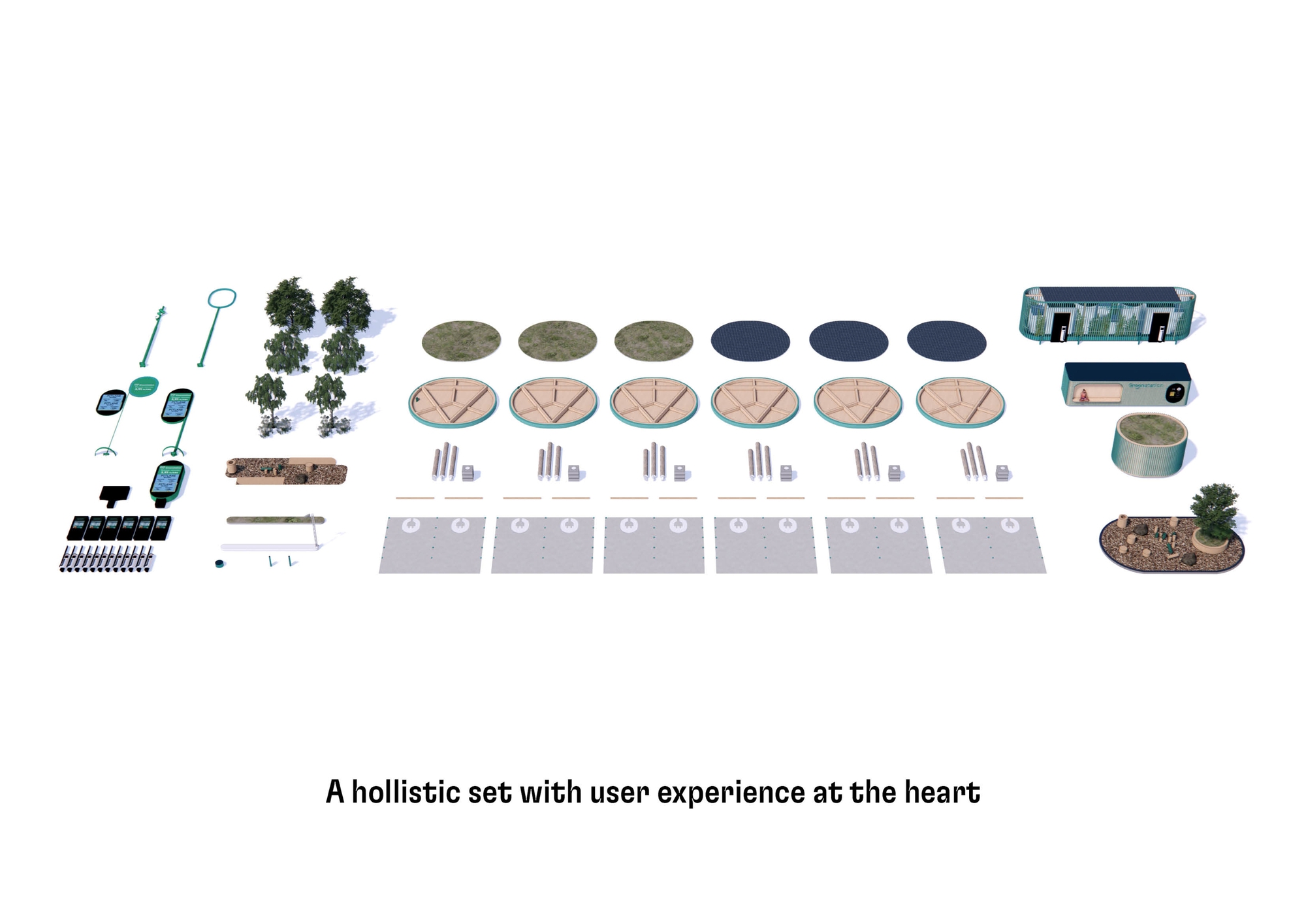 Exploded axonometric drawing showing kit-of-parts including tools, umbrellas, planters, seating elements, and modular pavement panels