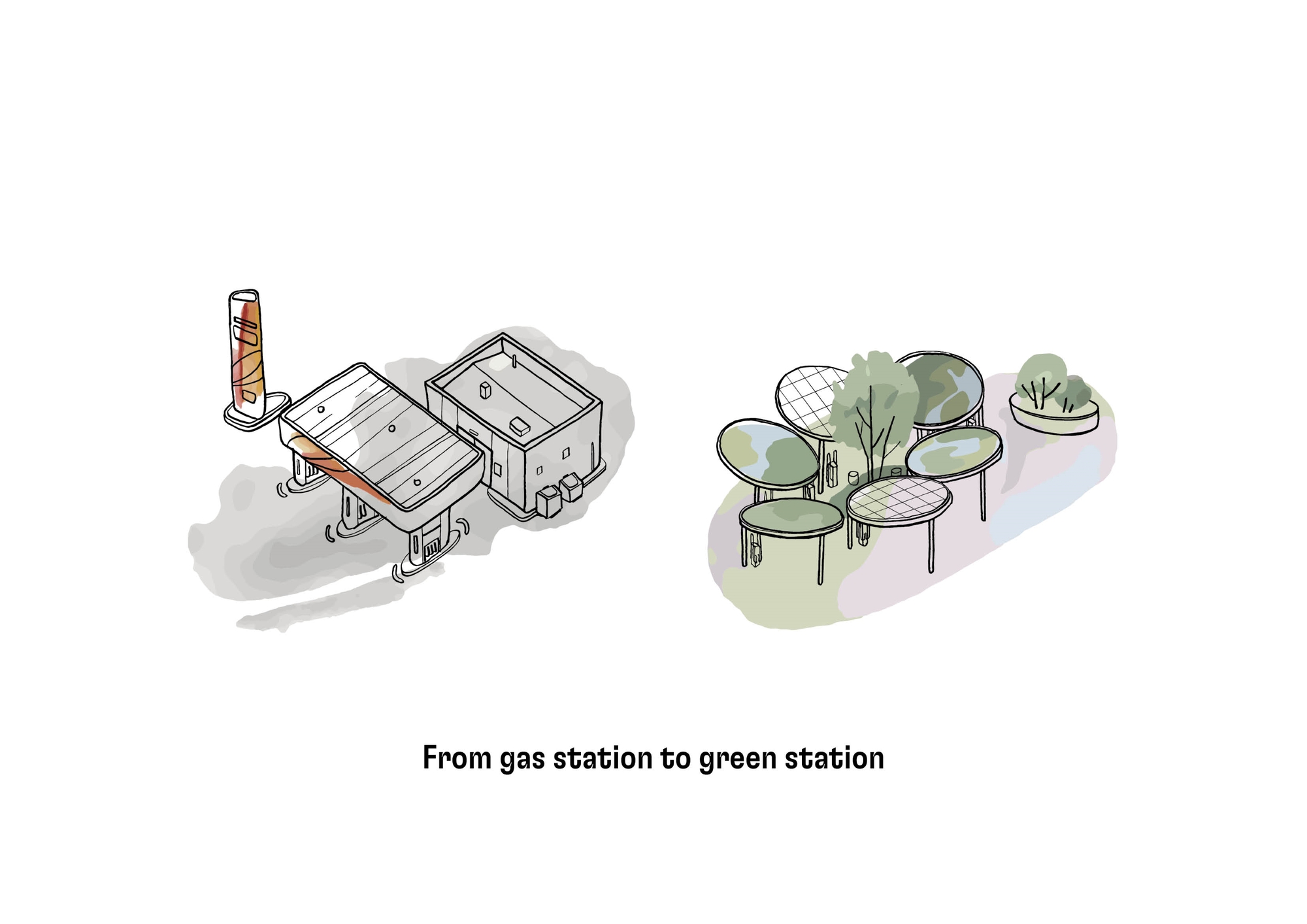Sketch illustrating conversion of a fuel station with pump canopy into a green pavilion with circular planted canopies