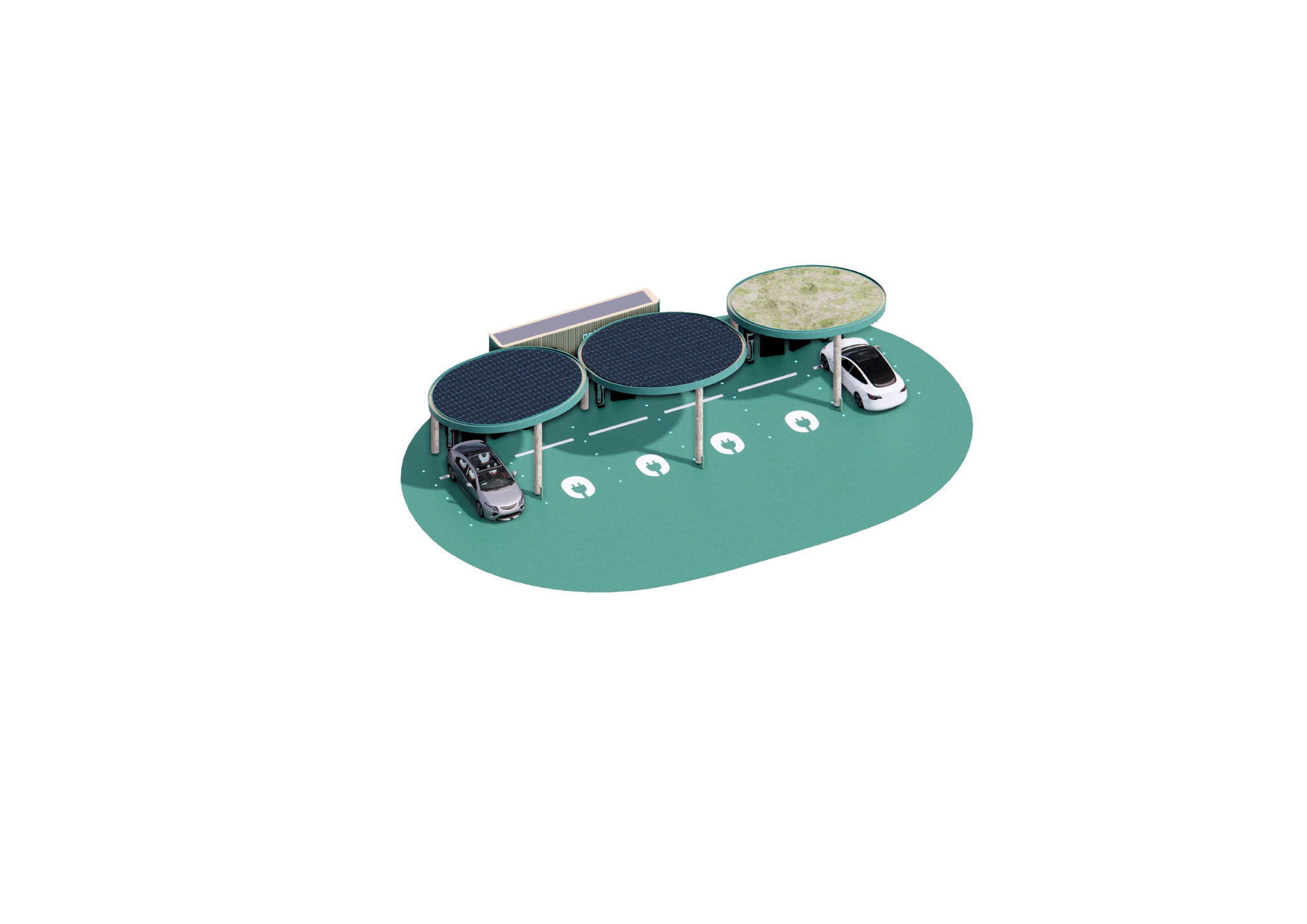 Isometric rendering of a charging station with circular solar canopies and parked vehicles on a teal base platform