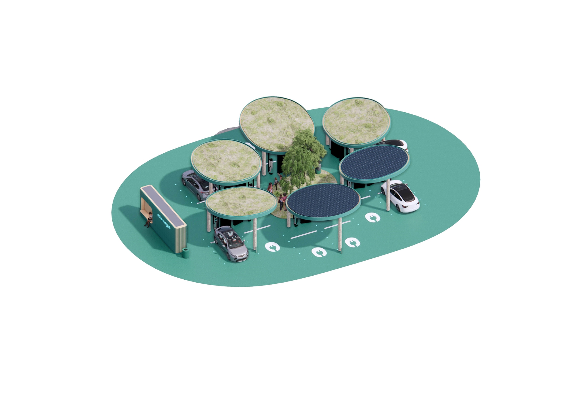 Isometric view showing multiple circular canopies with integrated photovoltaic panels, green roofs, and electric vehicles beneath