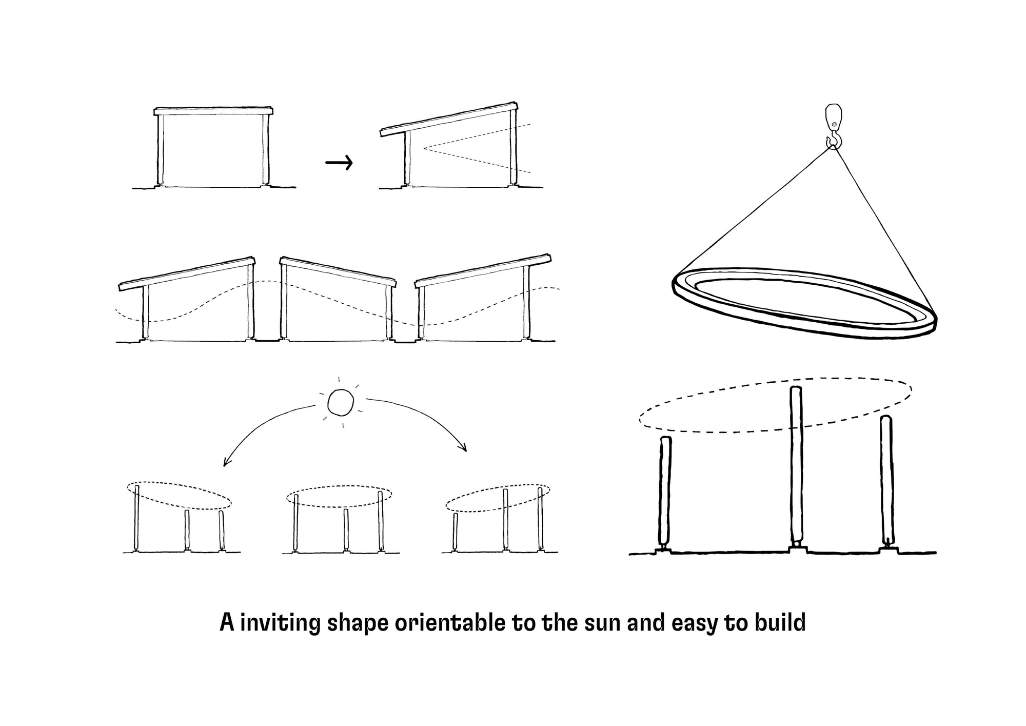 Diagram drawings illustrating modular construction sequence and ring-shaped form suspended by crane