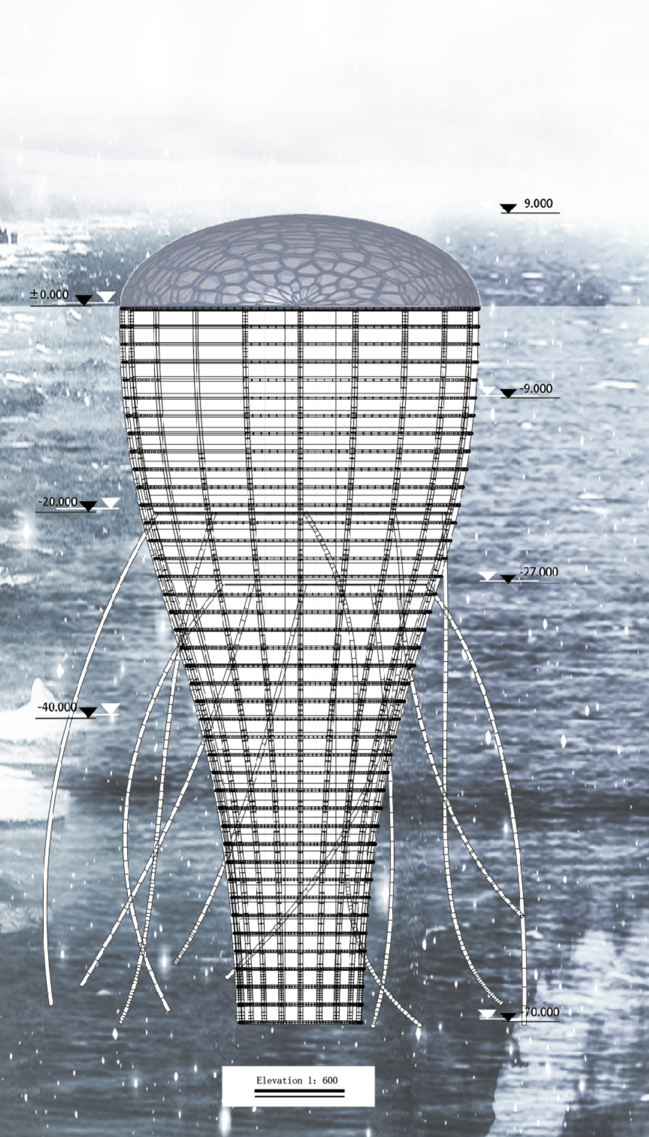 Elevation drawing reveals the jellyfish-inspired structure, anchor lines, and vertical habitat system.