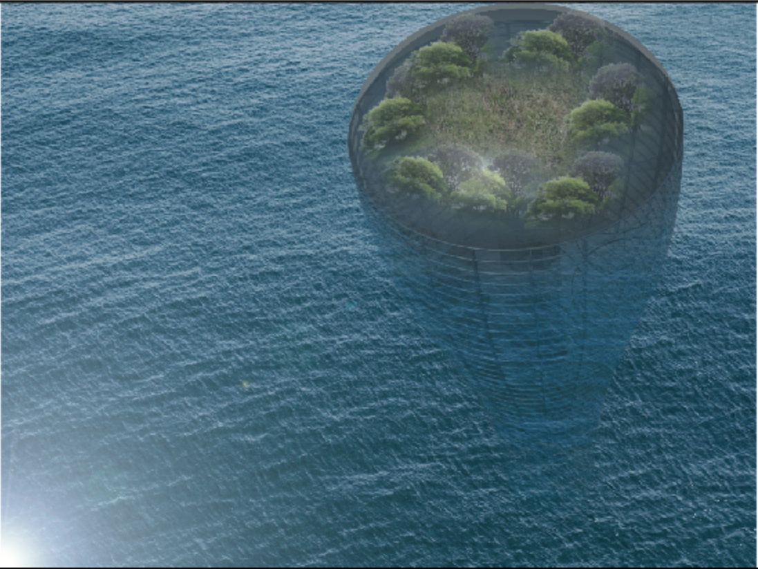 A submerged planting dome creates a protected green ecosystem within the sea-based survival unit.