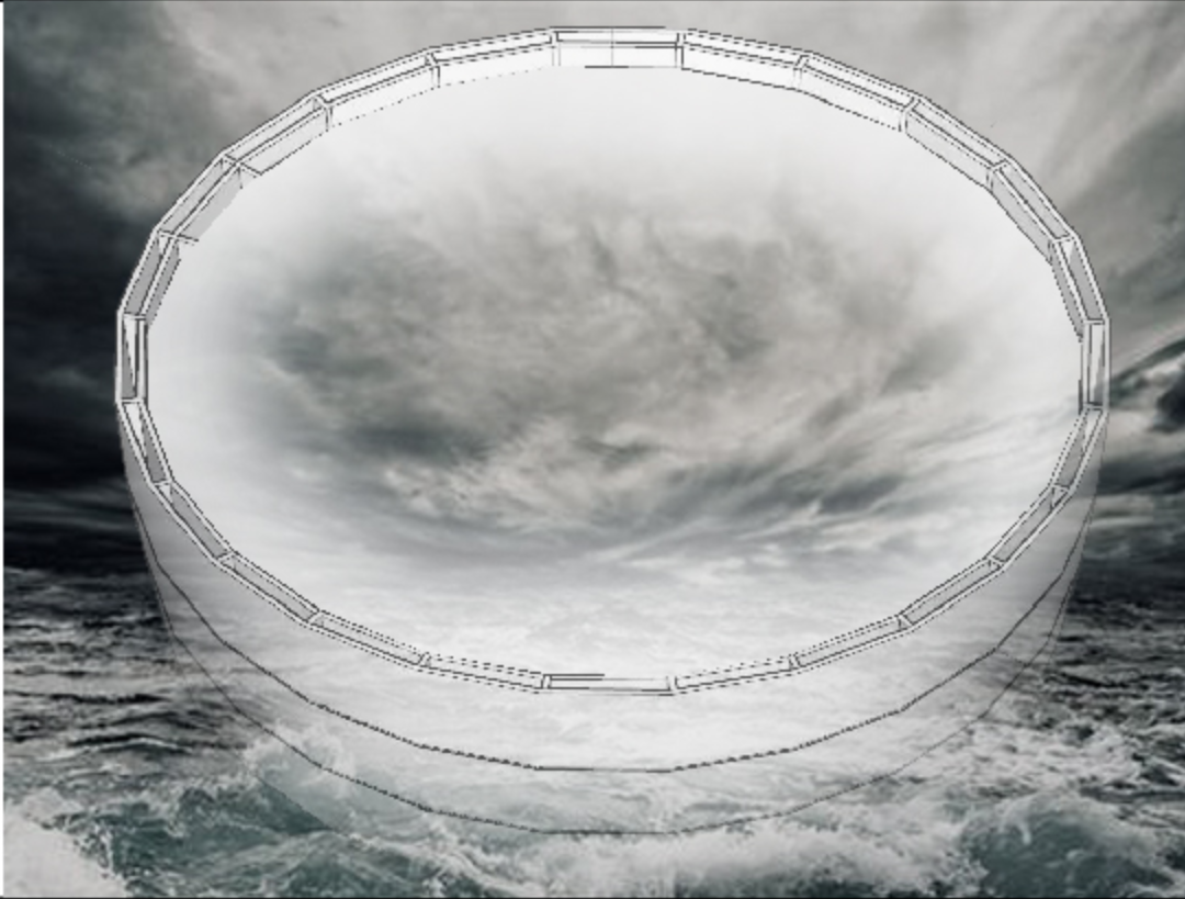 The circular outer frame forms a watertight membrane around the ocean survival unit.