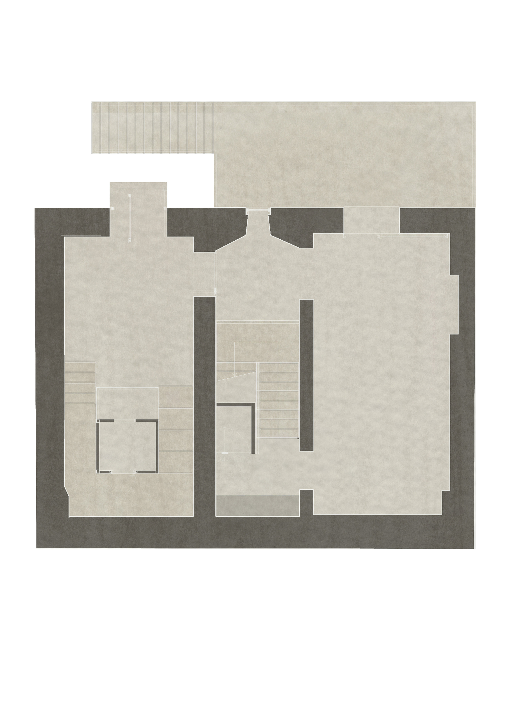 Floor plan drawing showing open living spaces with staircase and exterior terrace area