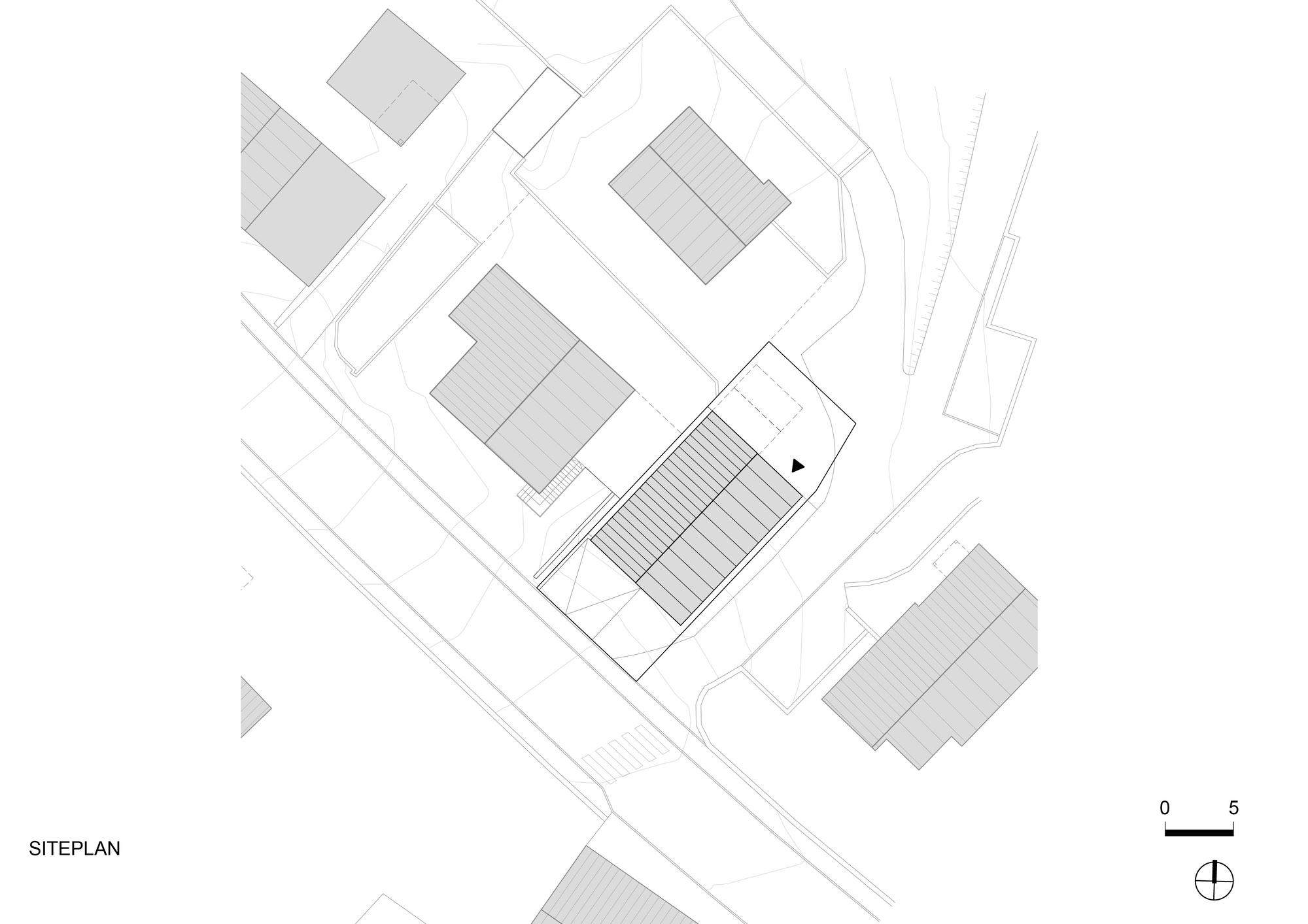Site plan drawing showing building footprints and street layout at an angled orientation