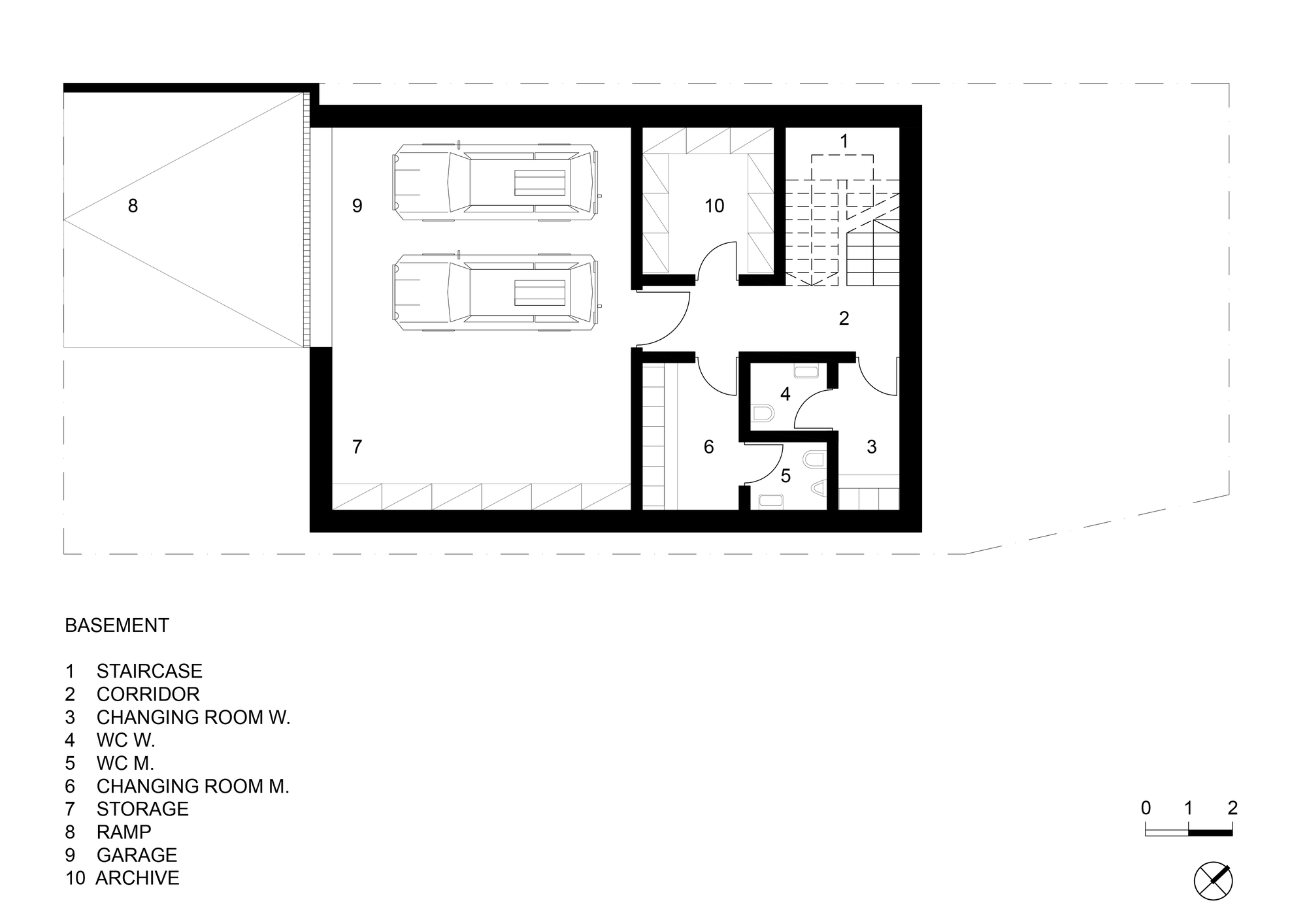 Basement floor plan drawing showing garage with two parking spaces and service rooms with numbered key