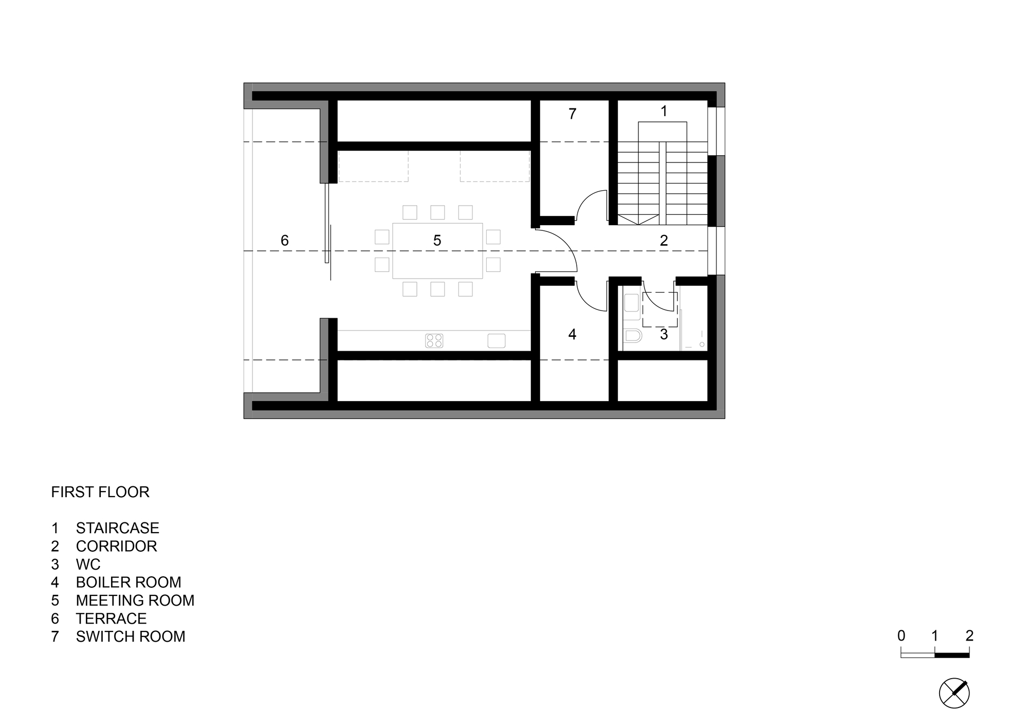 First floor plan with meeting room and terrace accessed by central staircase