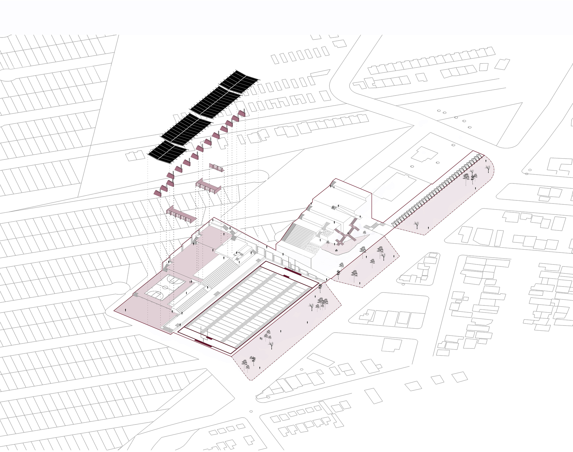 Axonometric drawing showing the sports complex layout with field, parking, and surrounding neighborhood context
