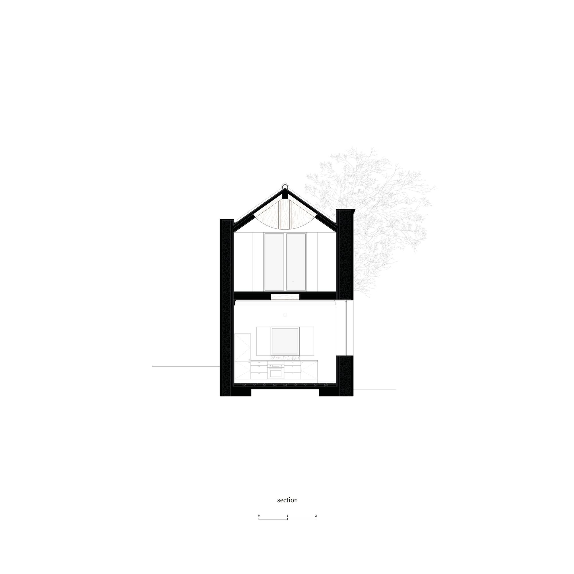 Section drawing showing a two-story house with pitched roof and adjacent bare tree