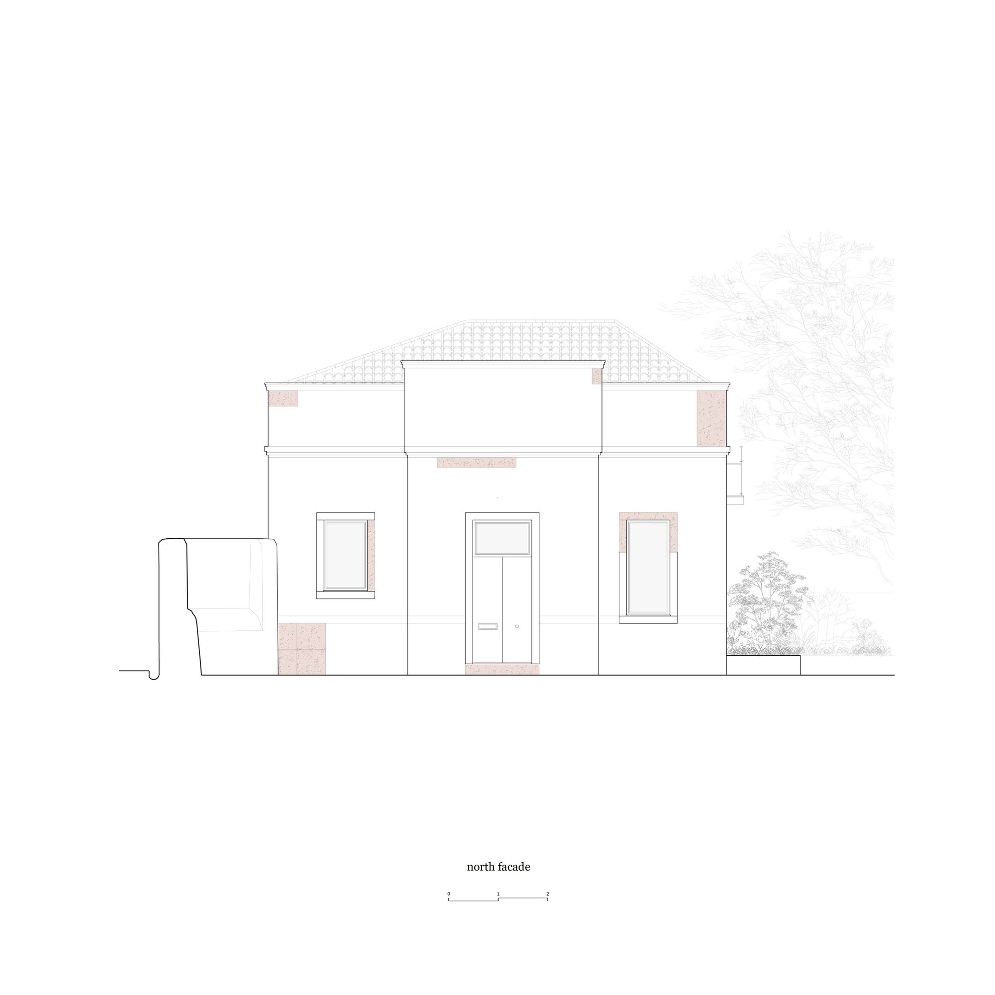 North facade elevation drawing showing a two-story house with tiled roof and flanking trees
