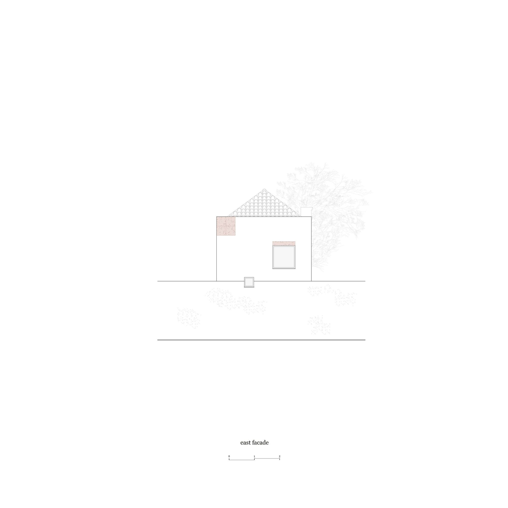 East facade elevation drawing showing a simple gabled volume with single window and adjacent trees