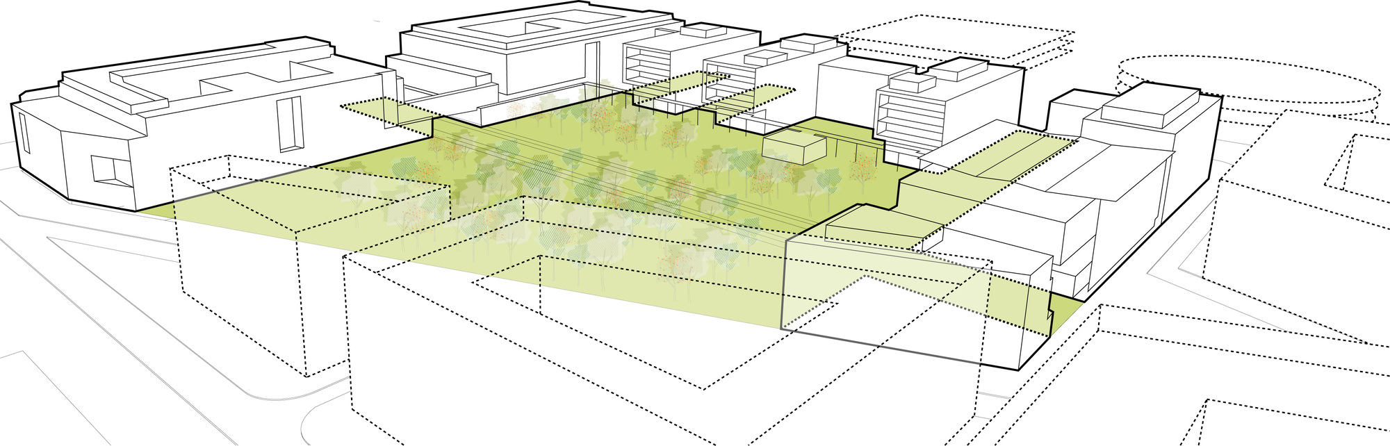 Axonometric drawing of massing volumes surrounding a central green courtyard with highlighted open space