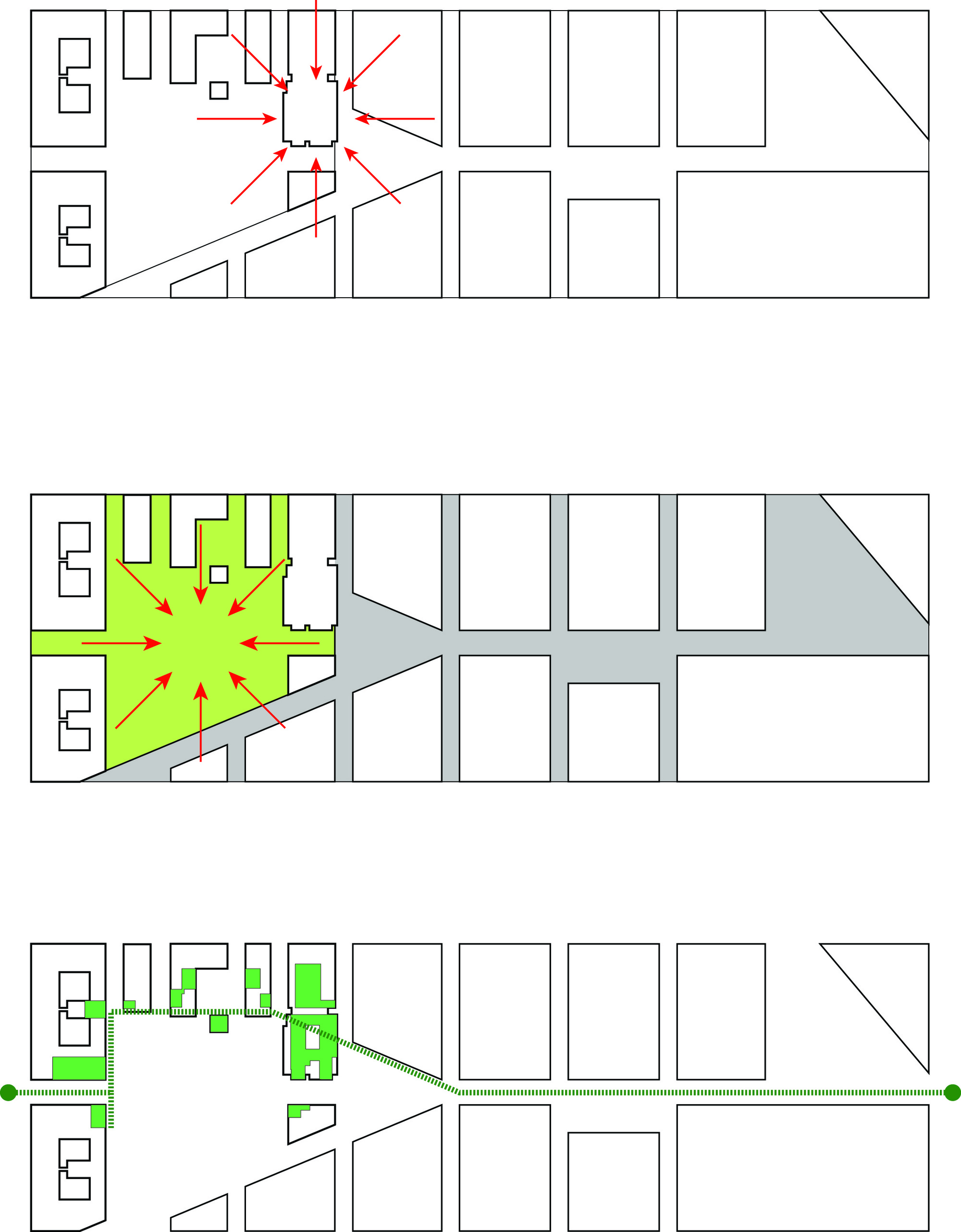 Site plan diagrams showing pedestrian flow arrows radiating from central plaza with green highlighted zones