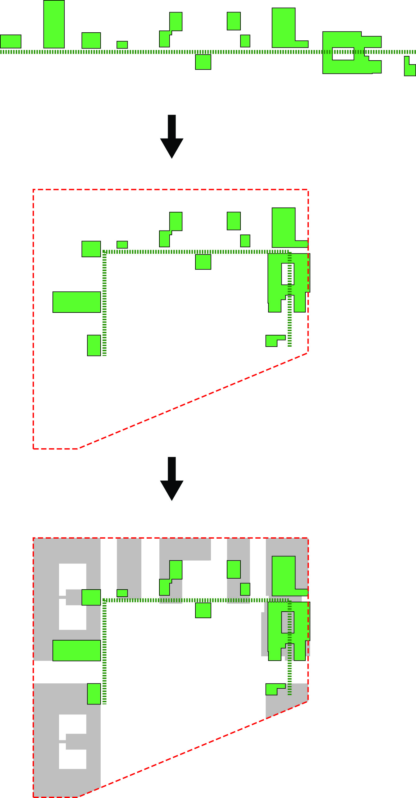 Diagram showing three stages of site development with green building volumes and red dashed boundary line