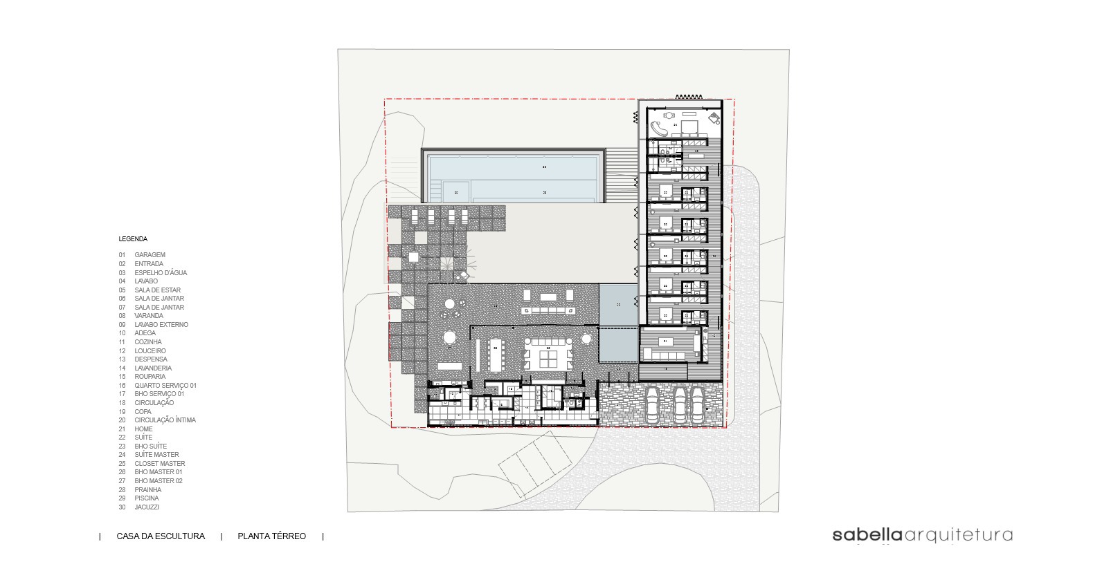 Ground floor plan drawing showing L-shaped layout with courtyard and bedroom wing