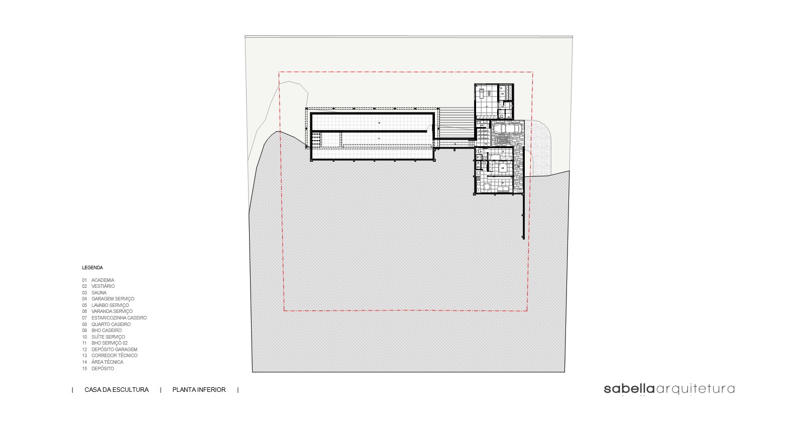 Upper floor plan drawing showing two-bar massing with pool terrace