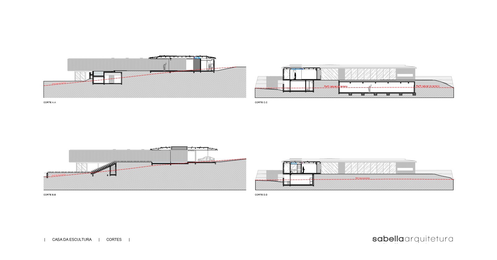 Section drawings showing the building embedded in a sloping hillside with multiple levels and roof forms