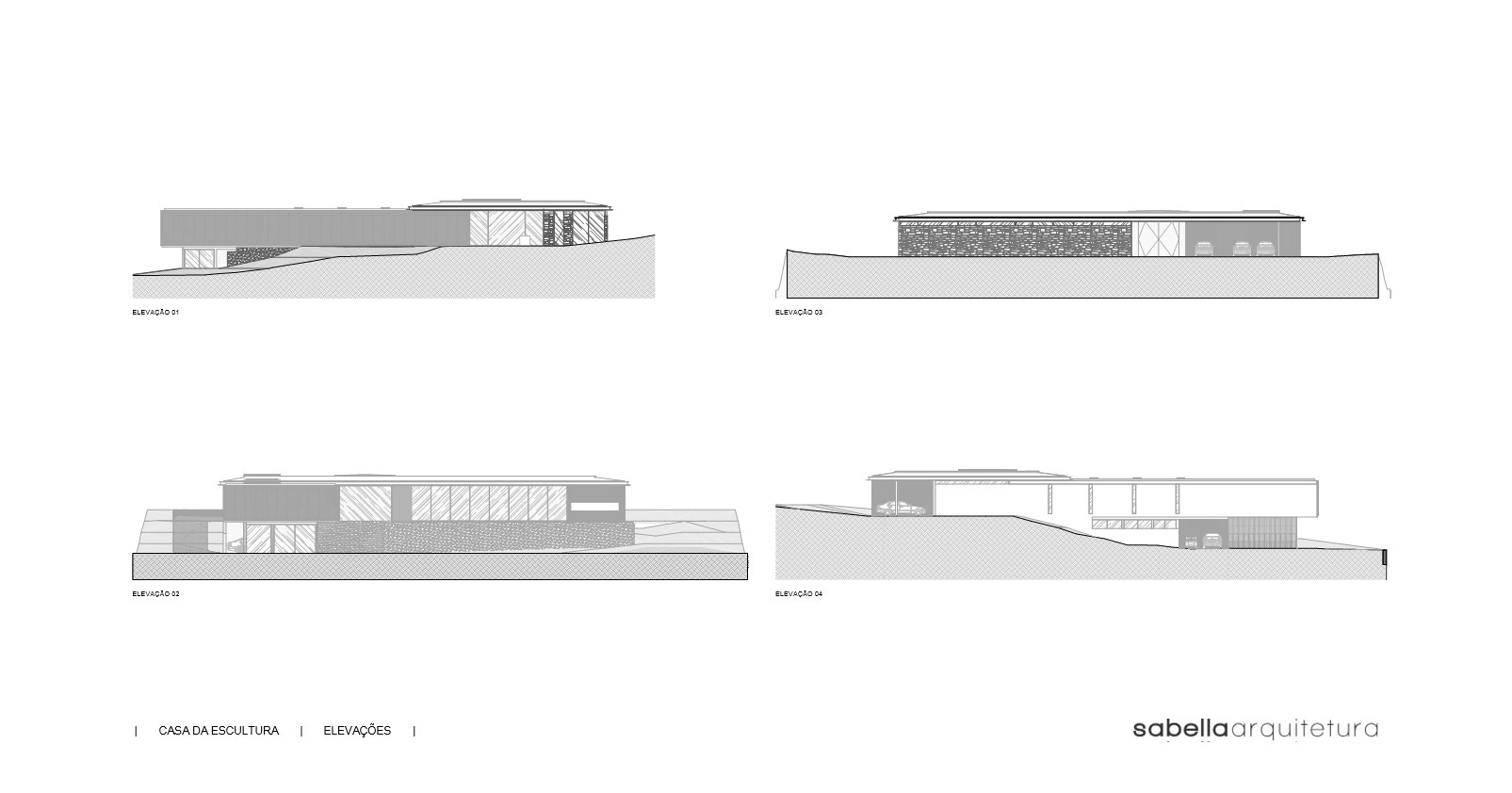 Elevation drawings depicting four facades with varying roof profiles and window patterns