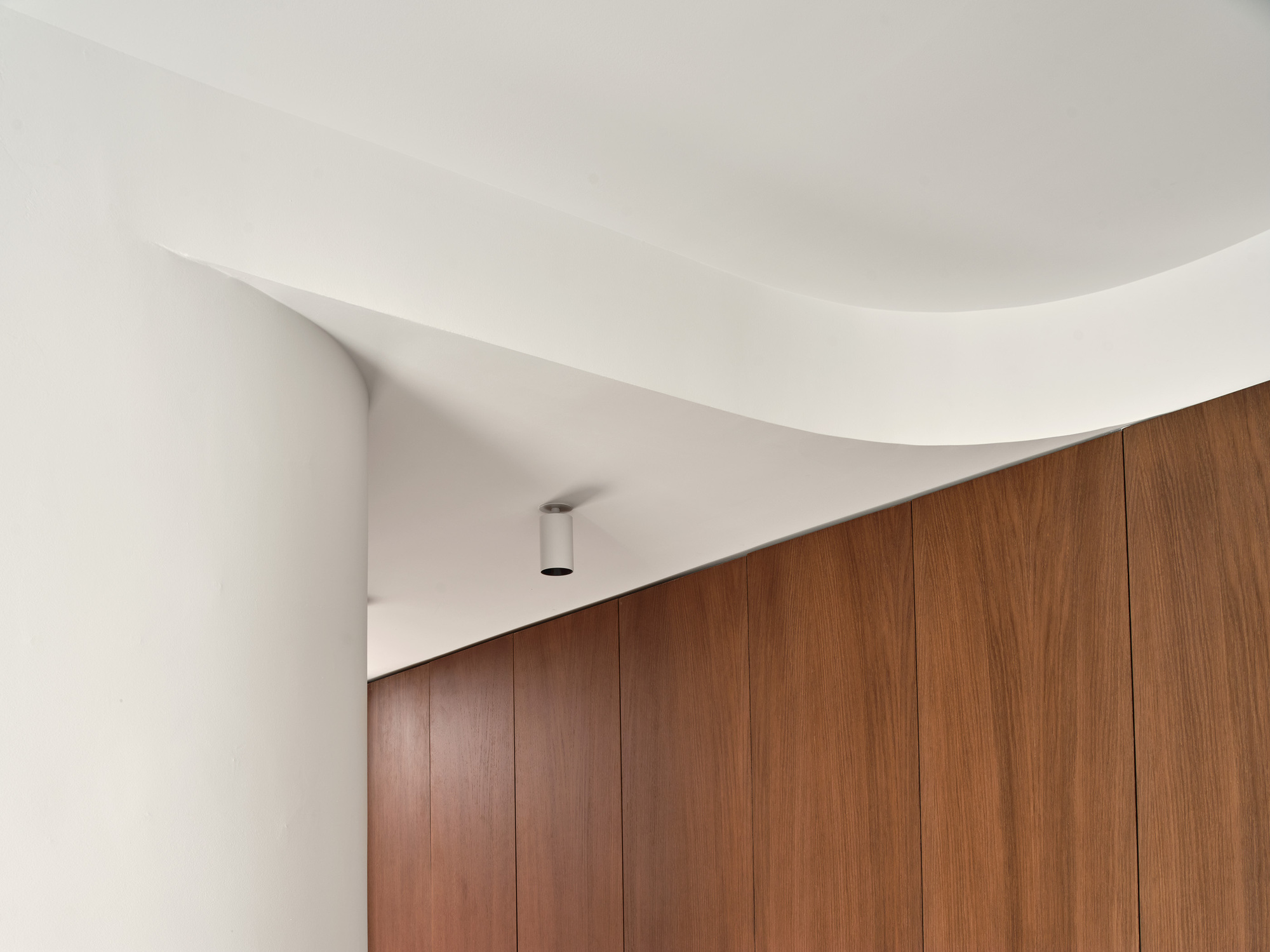 Detail of the curved white ceiling meeting a vertical walnut-paneled wall with recessed lighting