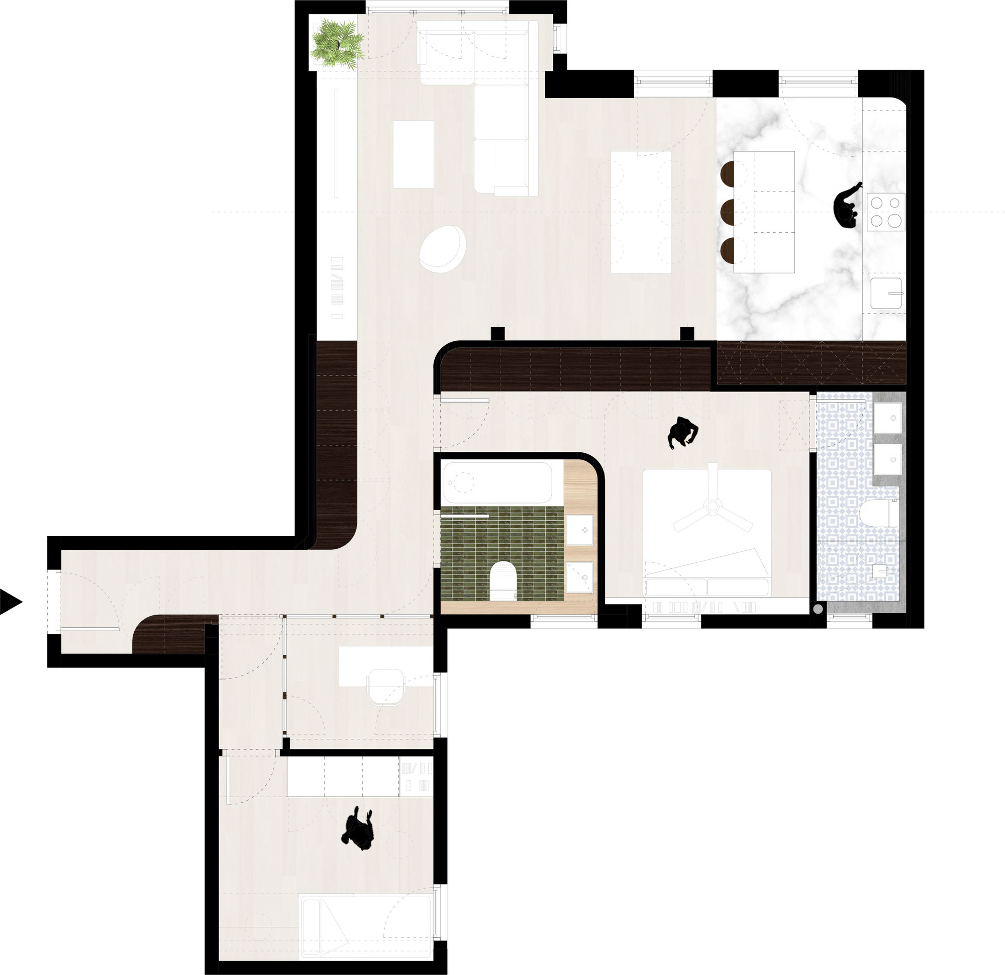 Floor plan drawing showing an open living area with kitchen and private zones below