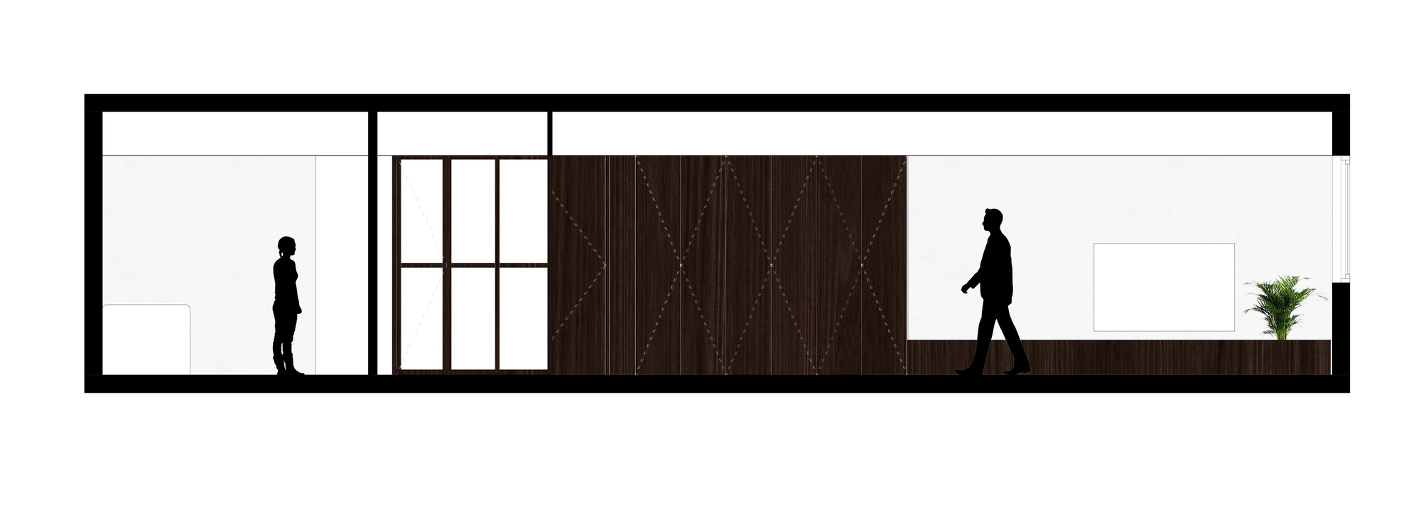 Section drawing showing two figures moving through spaces divided by a central walnut volume