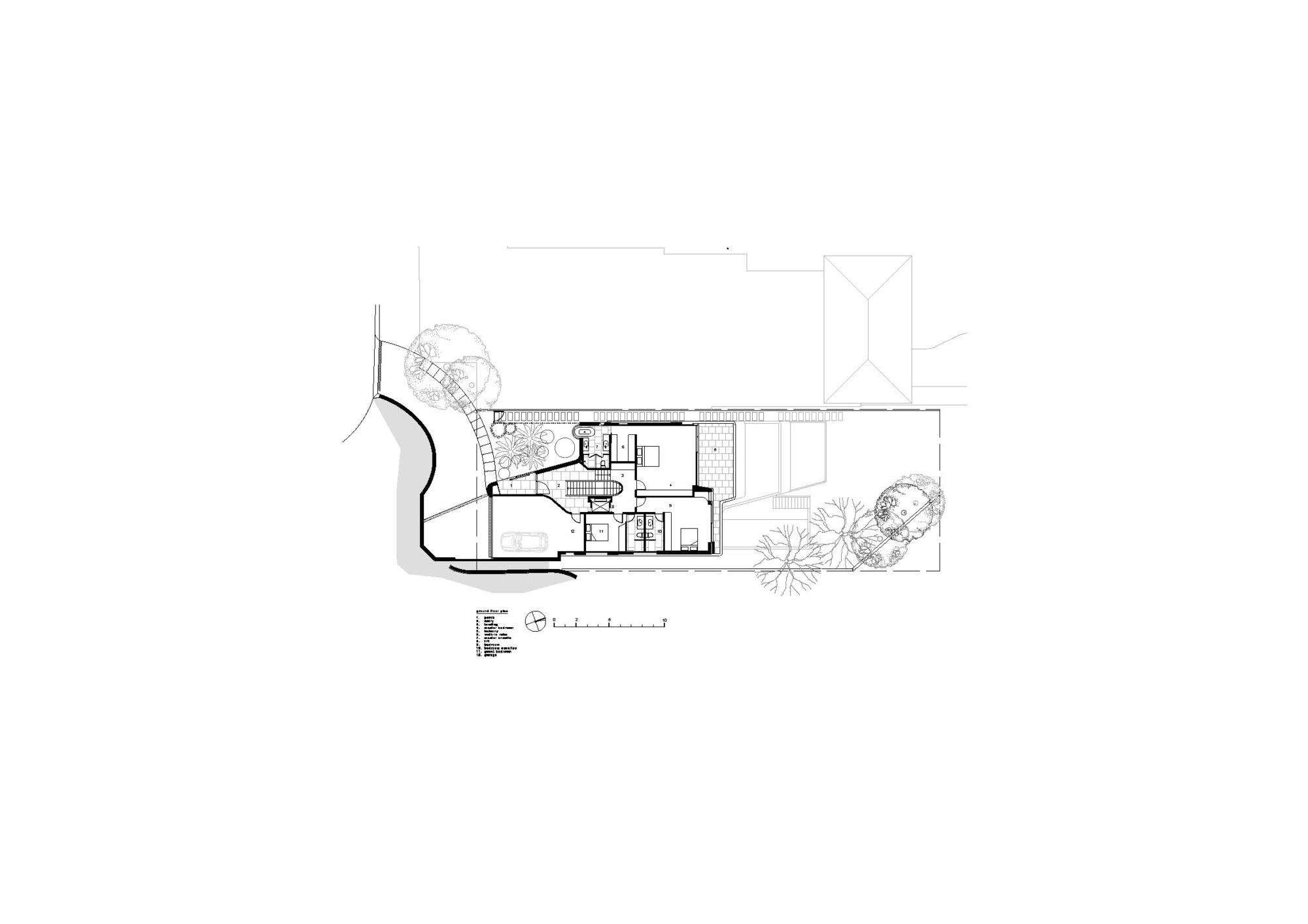 Ground floor plan showing a curved courtyard with pool alongside rectangular living spaces