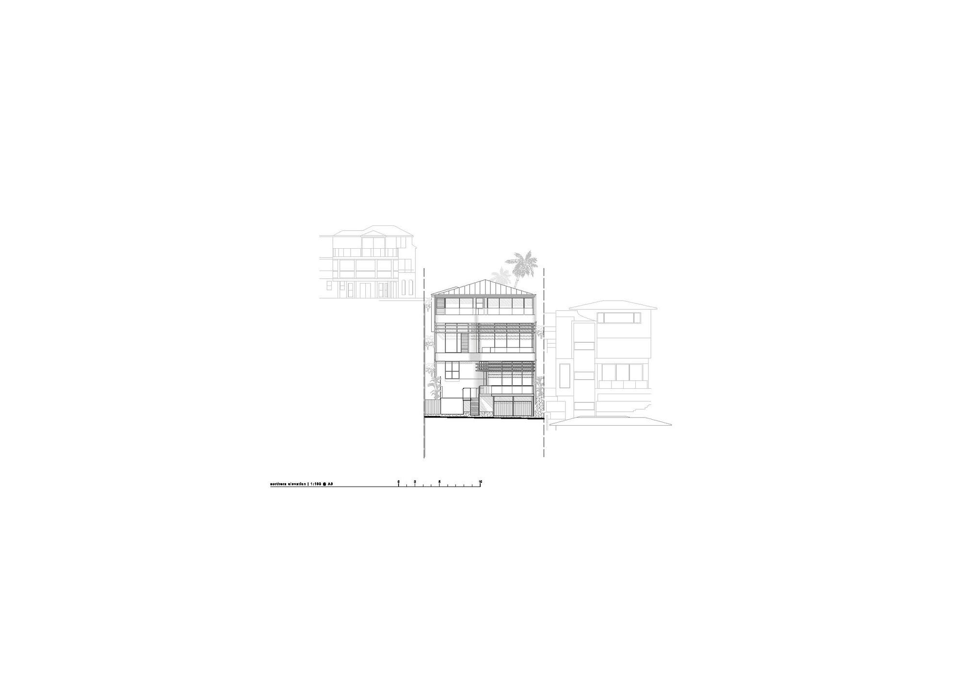 Street elevation drawing showing the building flanked by neighboring houses and a palm tree