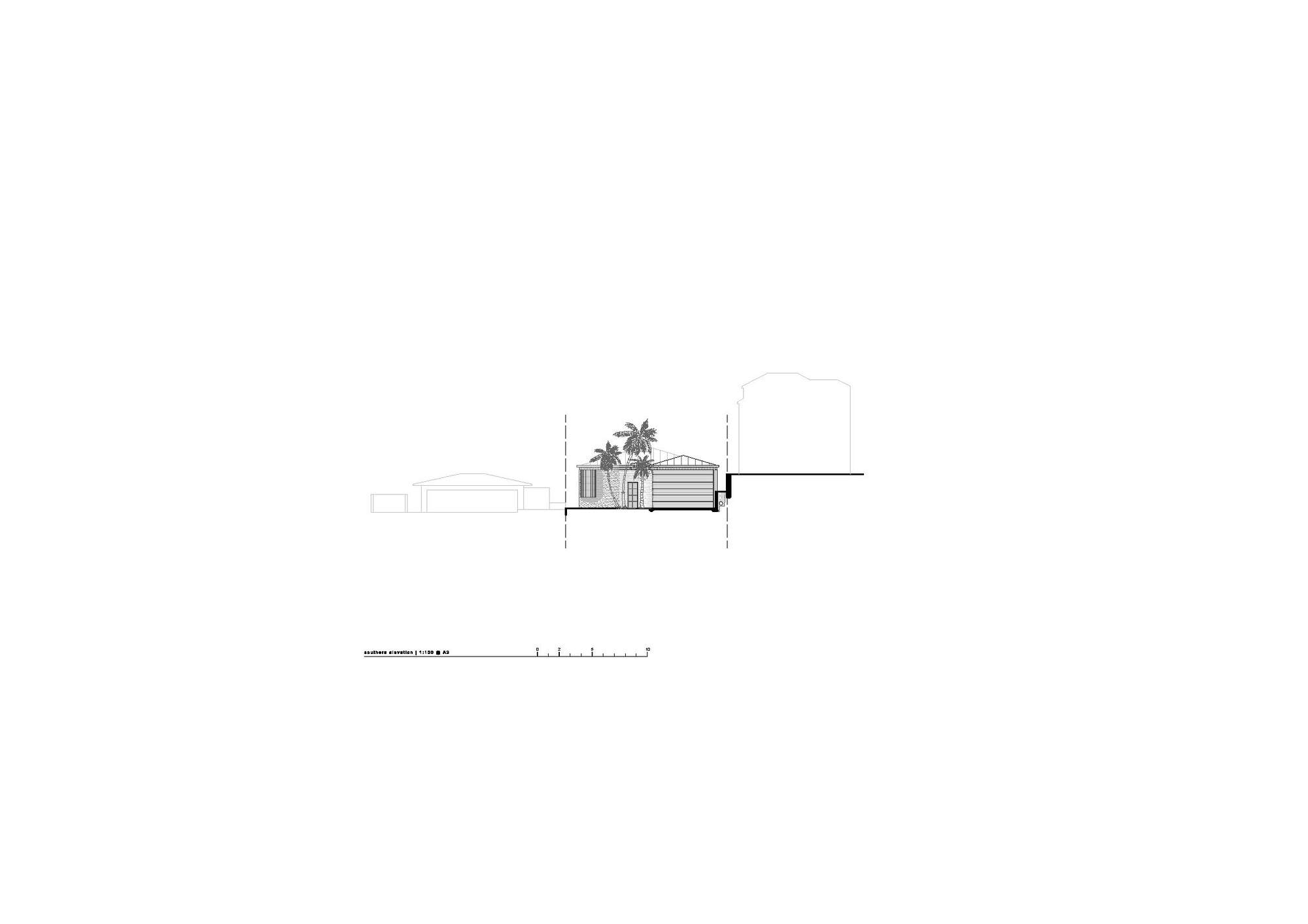 Section drawing showing a horizontal structure with a cylindrical volume and courtyard planting