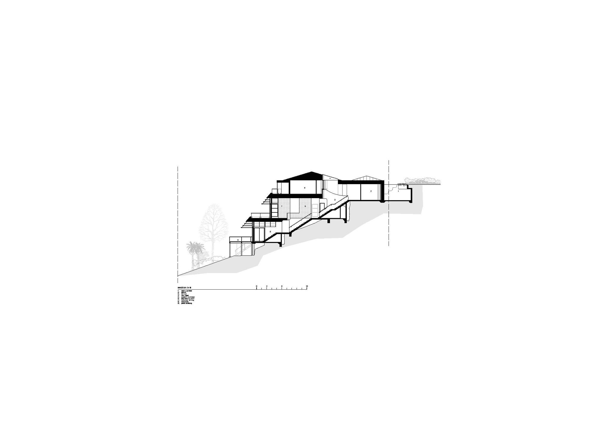 Section drawing showing stepped volumes descending a sloped site with trees indicated