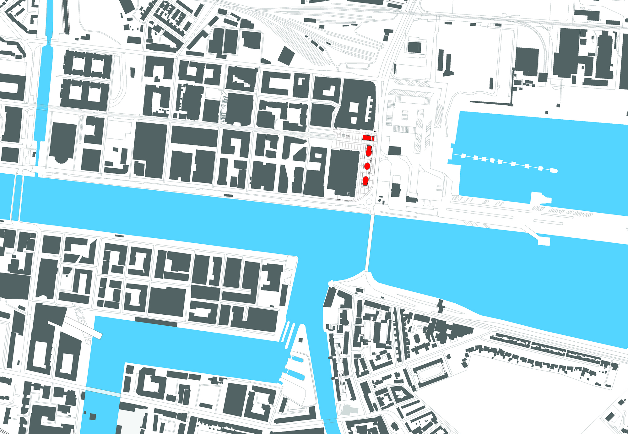 Site plan drawing showing building footprints along a waterfront with a highlighted intervention in red