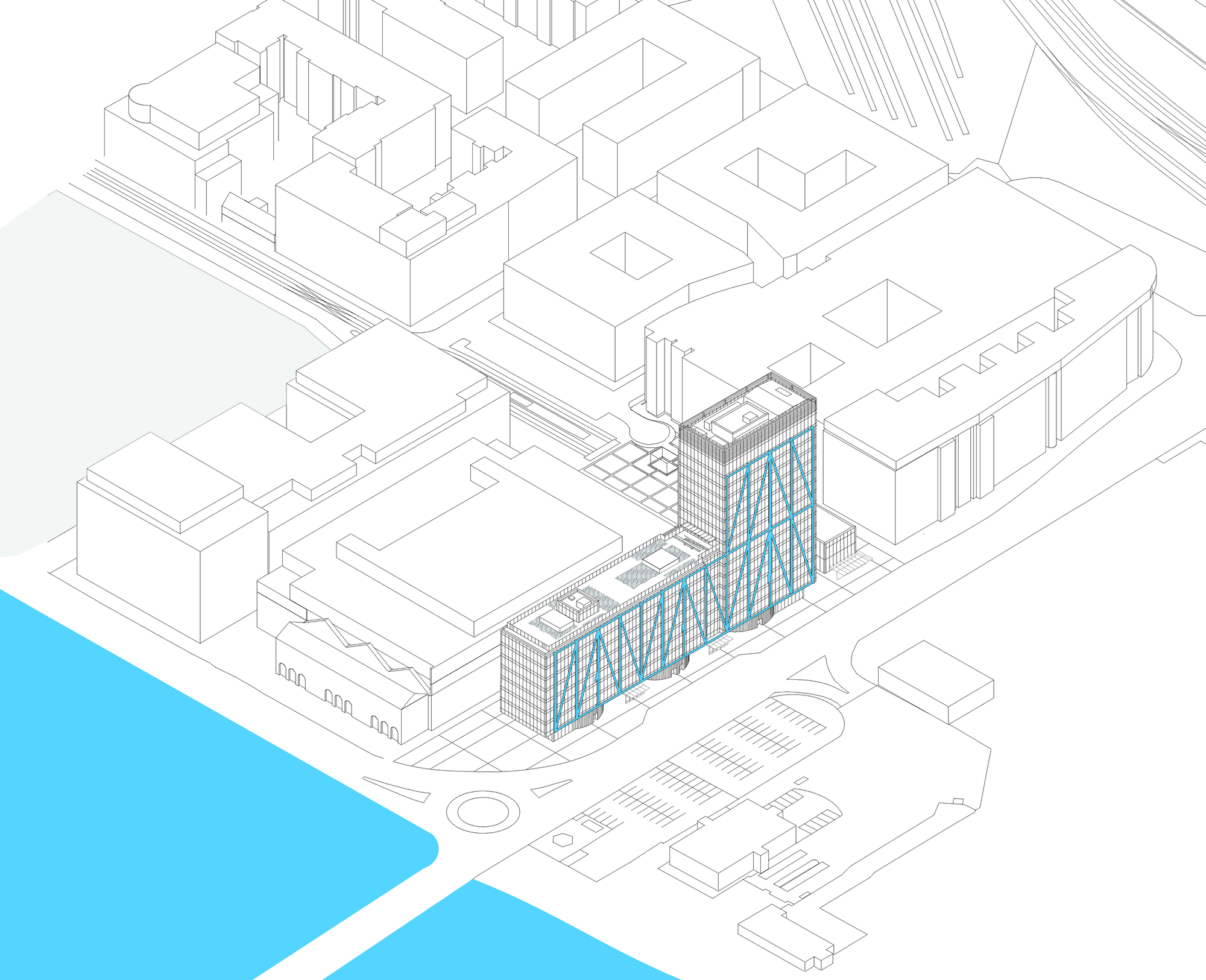 Axonometric drawing showing a tower with diagonal blue bracing adjacent to low-rise structures near water