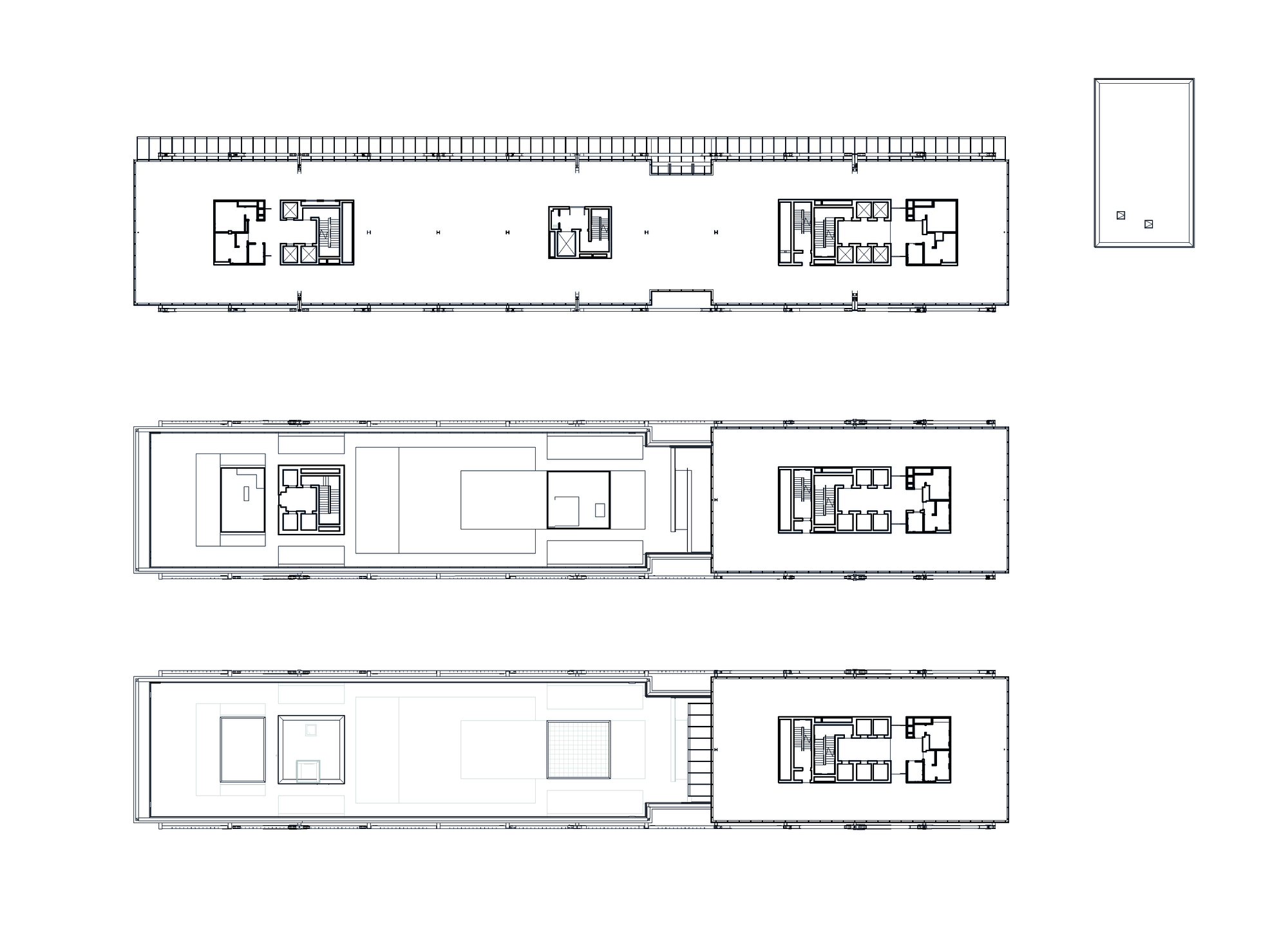 Floor plan drawings of three levels showing core locations and open floor plates in a narrow bar