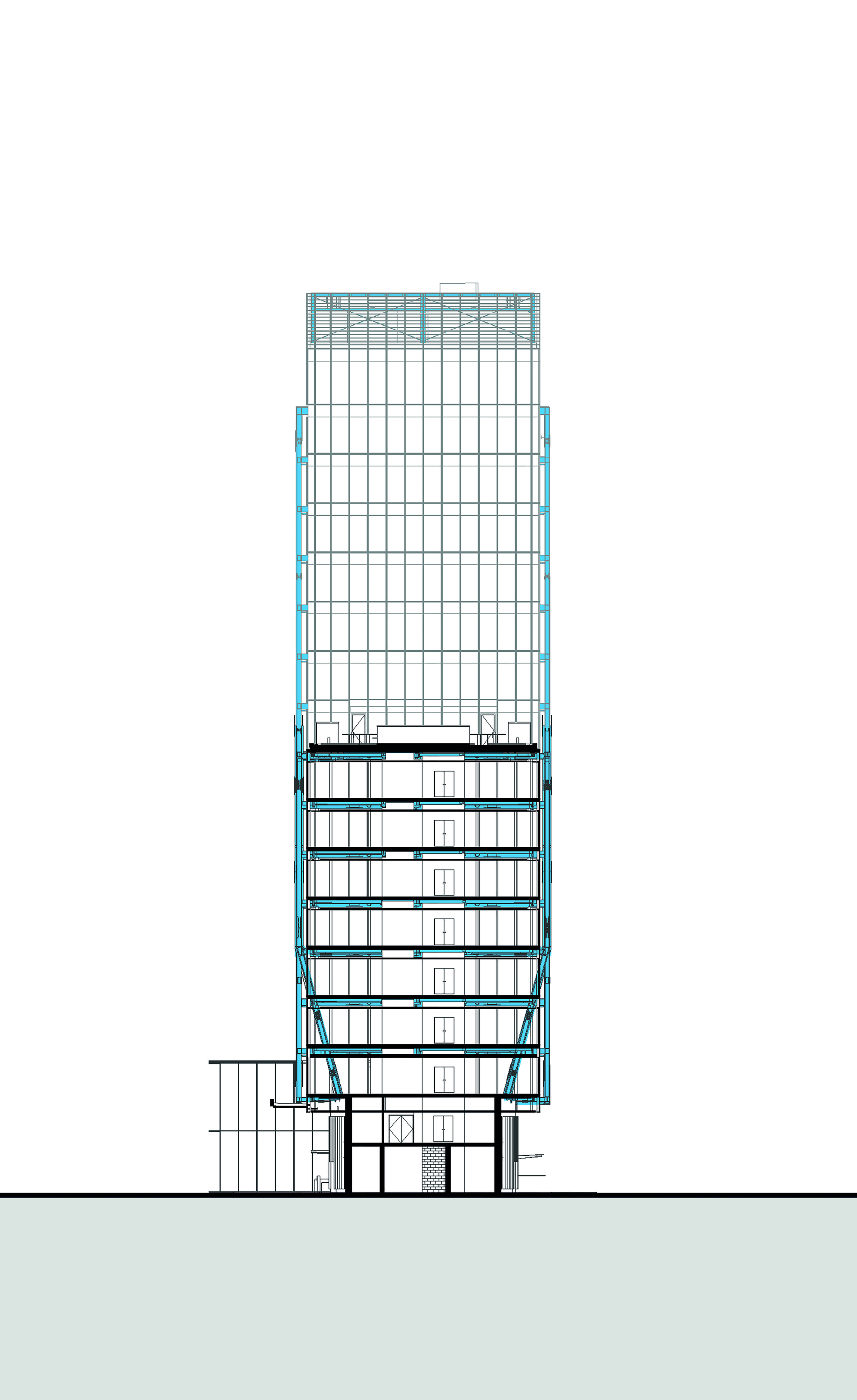 Section drawing showing a tower with exposed diagonal bracing in blue at the podium levels