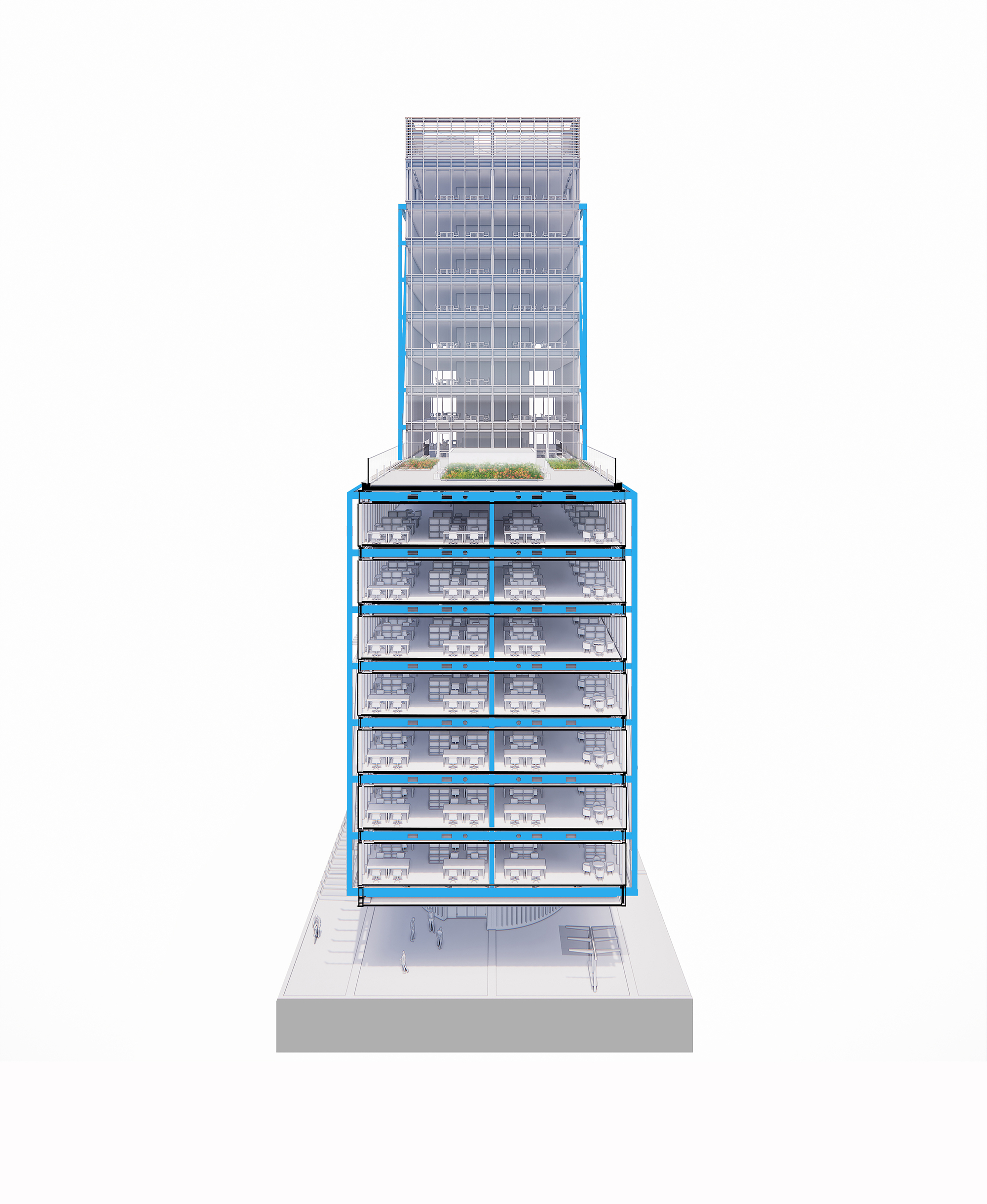 Sectional model revealing interior floor plates with blue structural elements spanning the podium