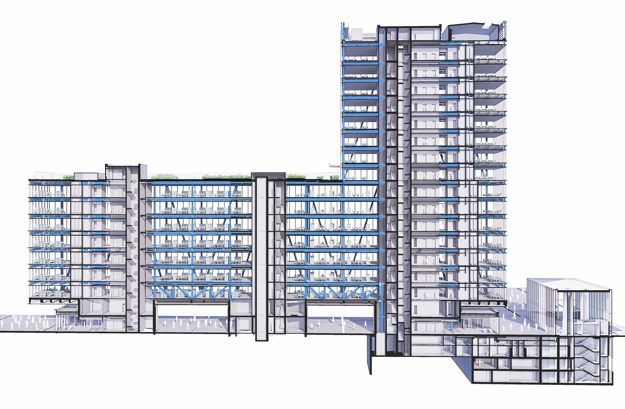 Section drawing showing multiple towers with diagonal bracing and an underground level at right