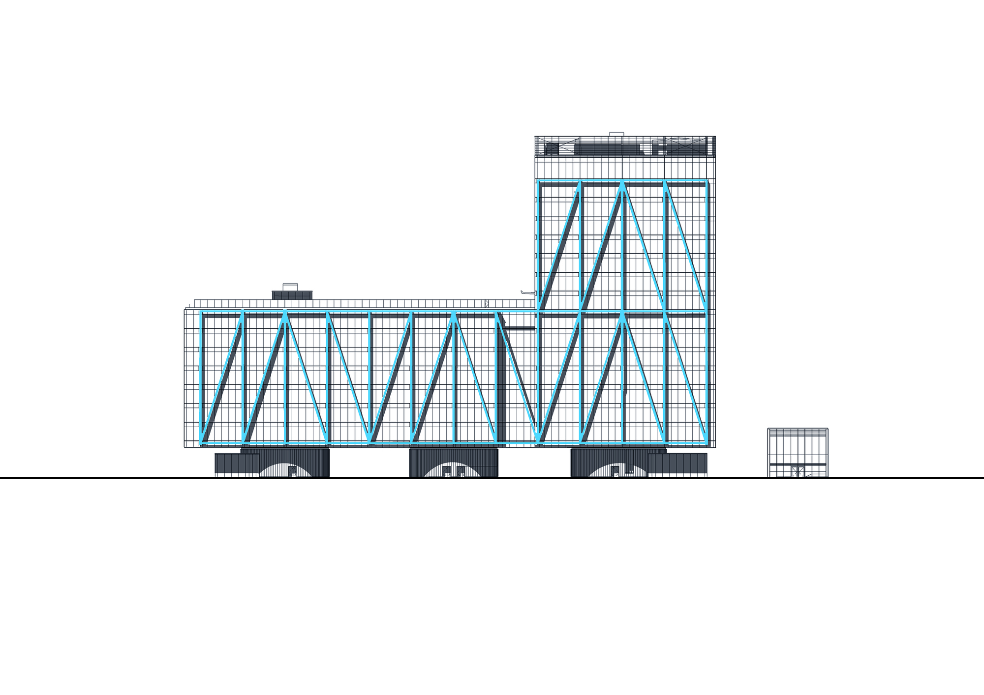 Elevation drawing displaying zigzag diagonal bracing in blue across the tower and podium facades