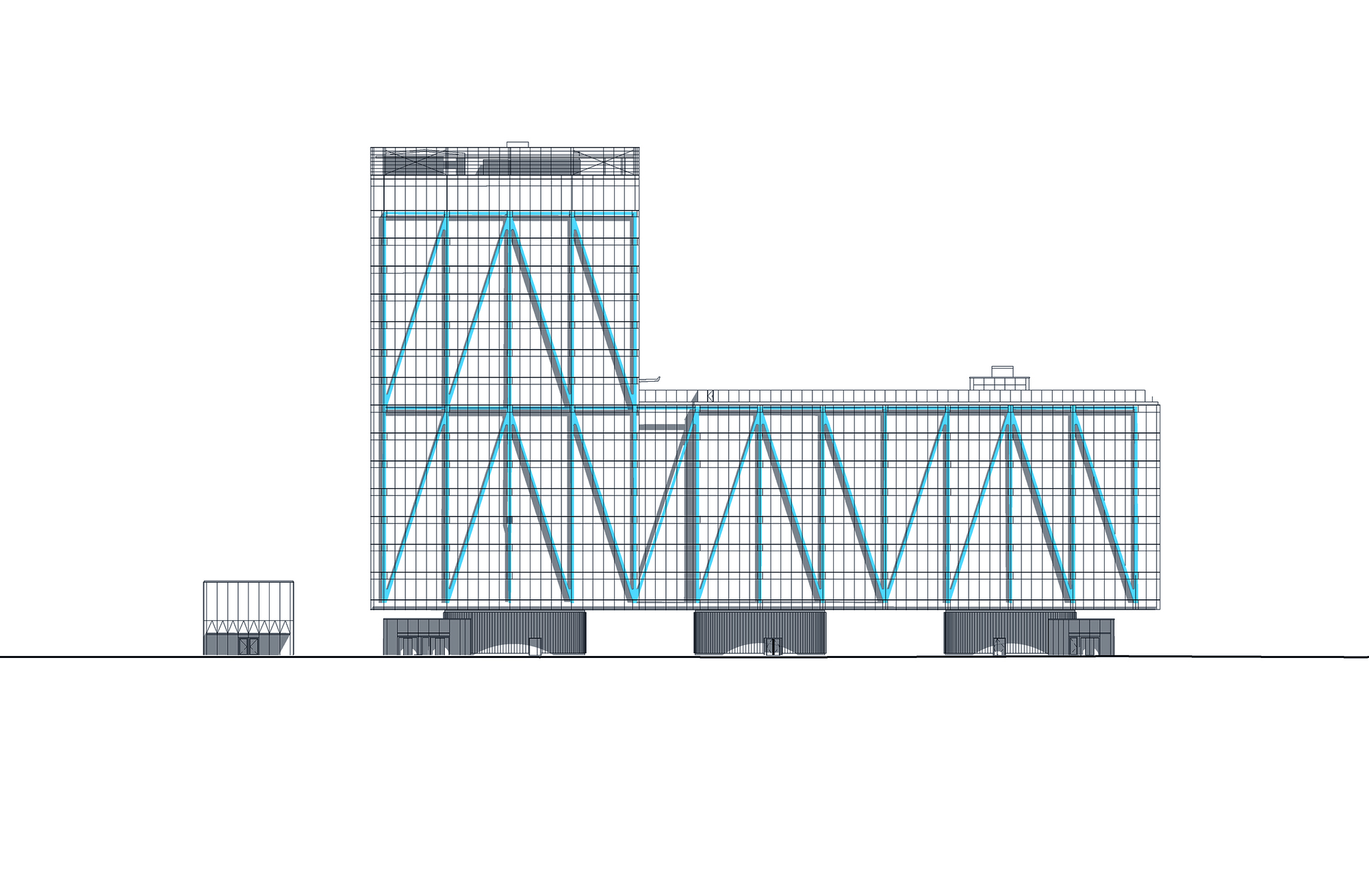 Elevation drawing showing a tall tower and horizontal wing with triangular blue bracing pattern