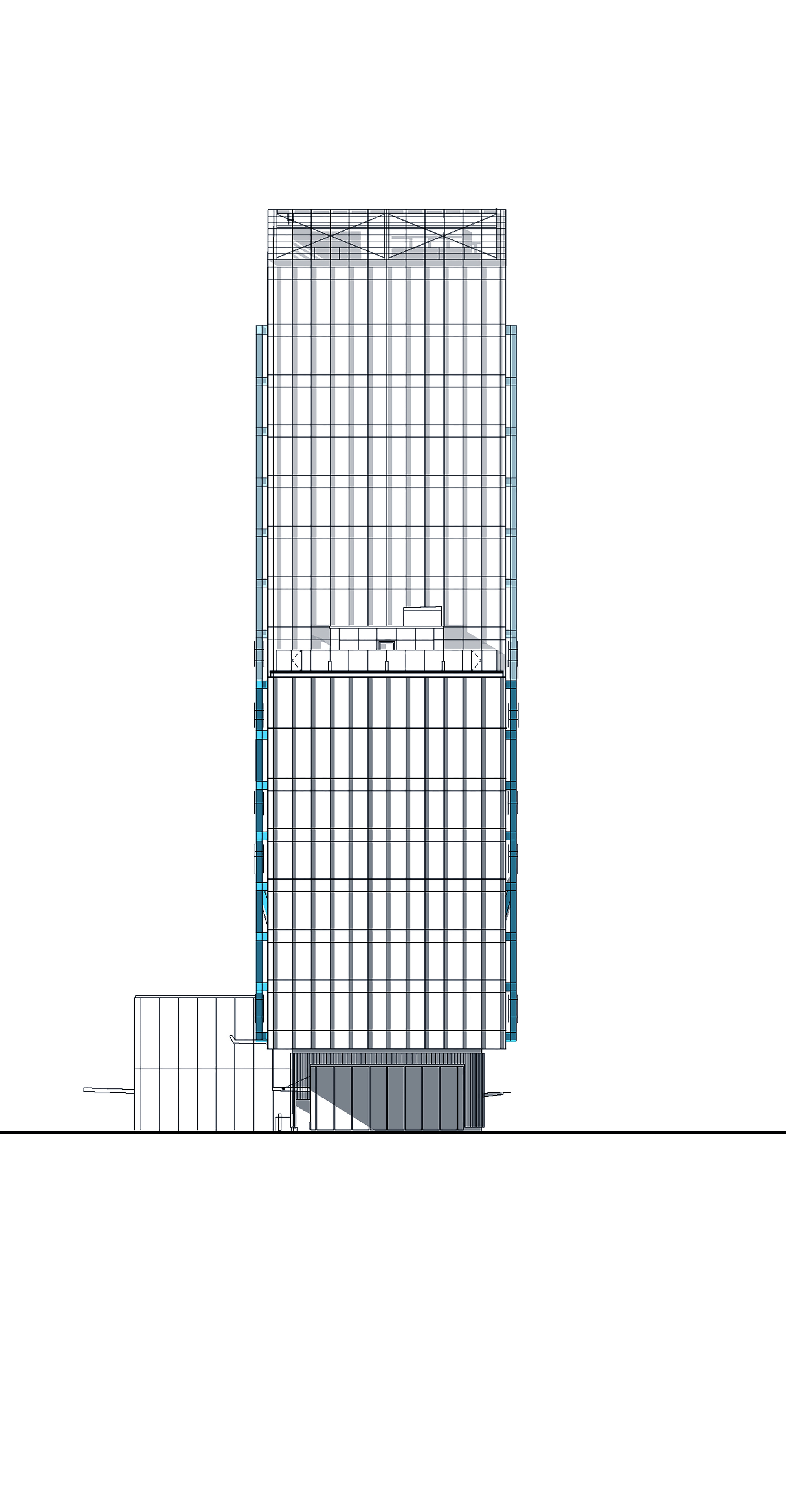 Elevation drawing of a slender tower with vertical grid and a lower attached volume