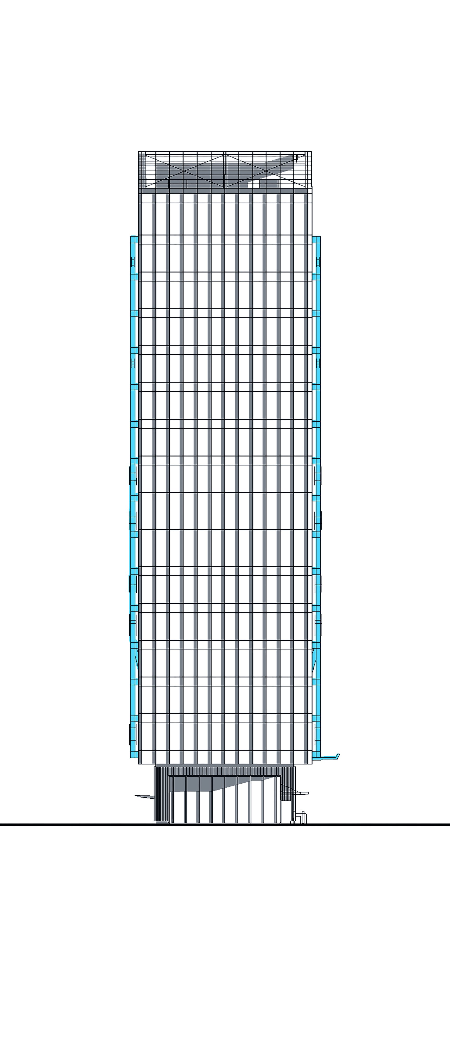 Elevation drawing of a tall tower showing vertical glazing with diagonal blue bracing along the edges
