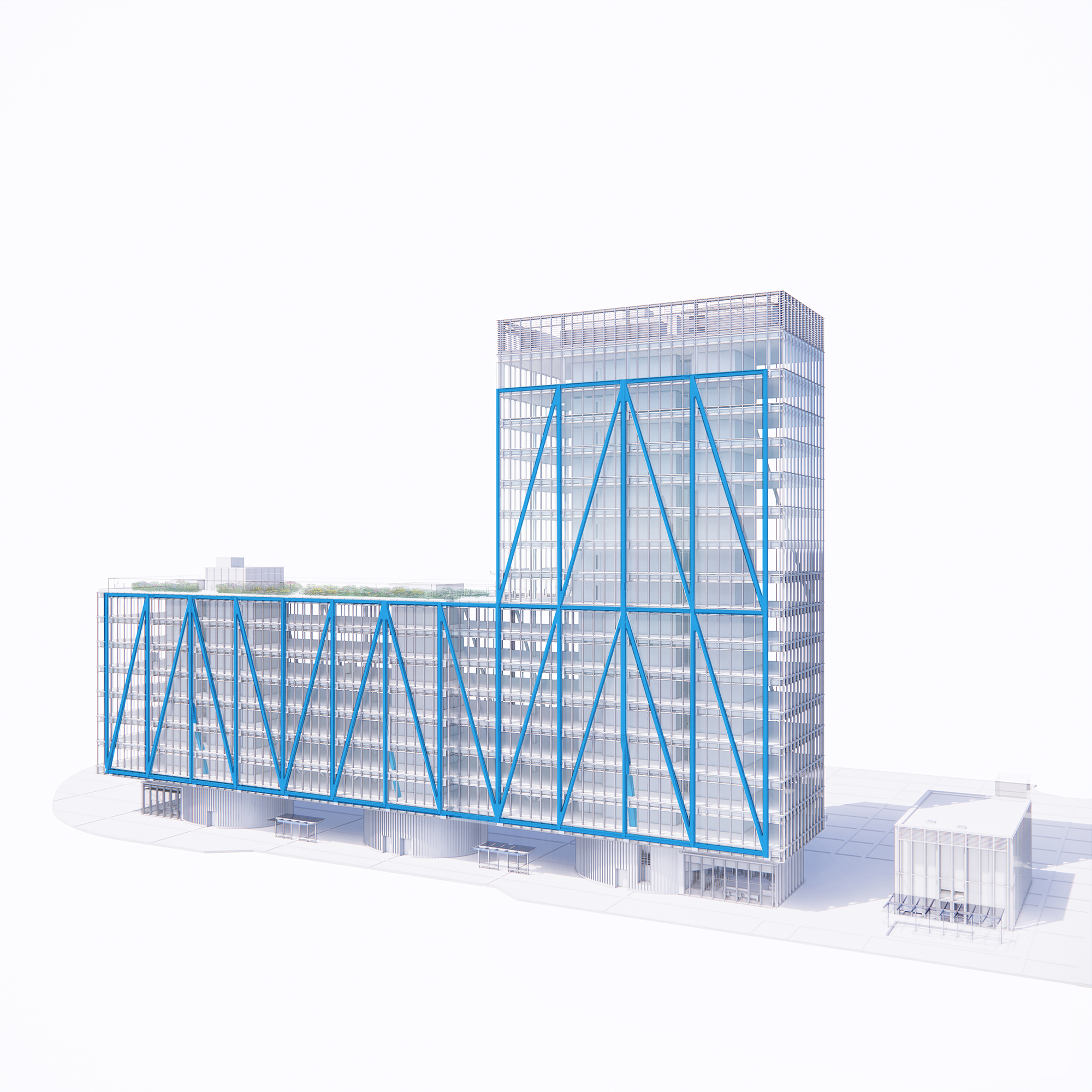 Three-dimensional rendering showing tower and horizontal block with exposed diagonal blue structural bracing