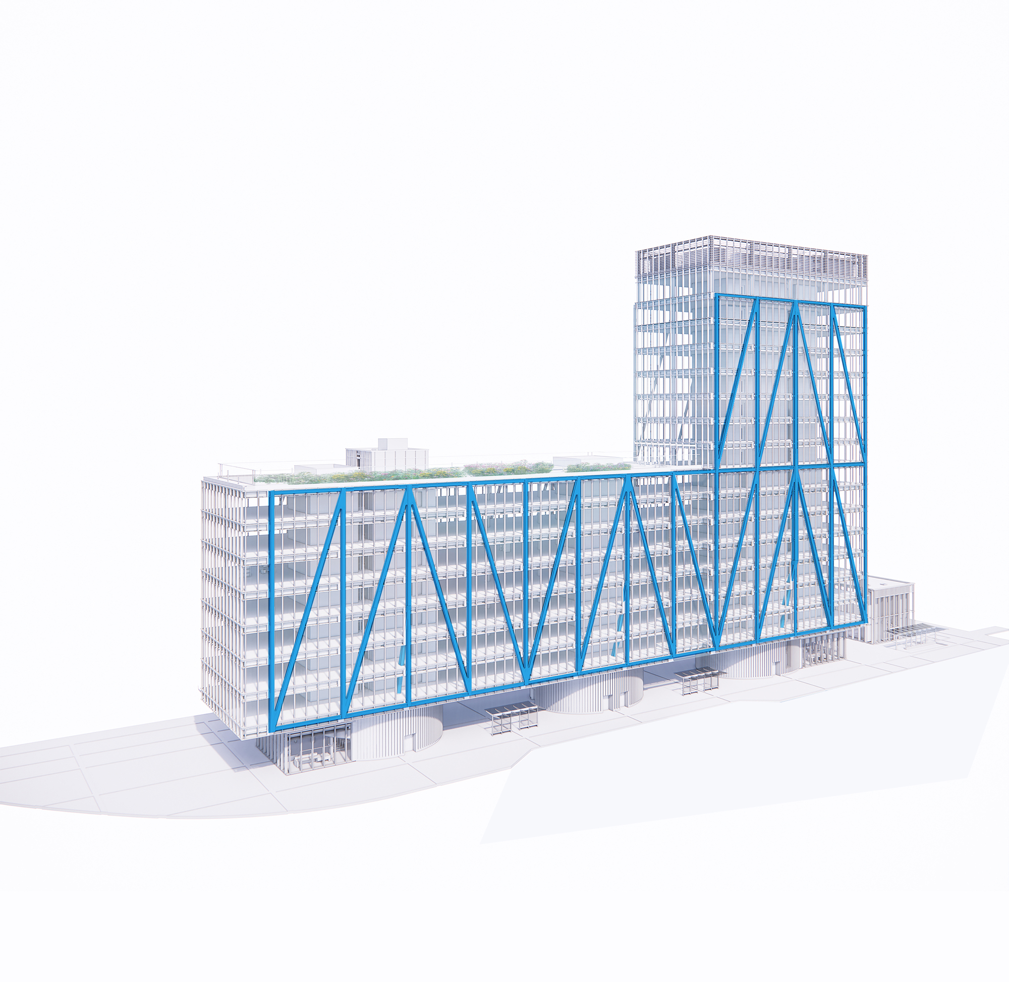 Rendered view from the corner showing the blue diagonal bracing and glazed curtain wall on white background