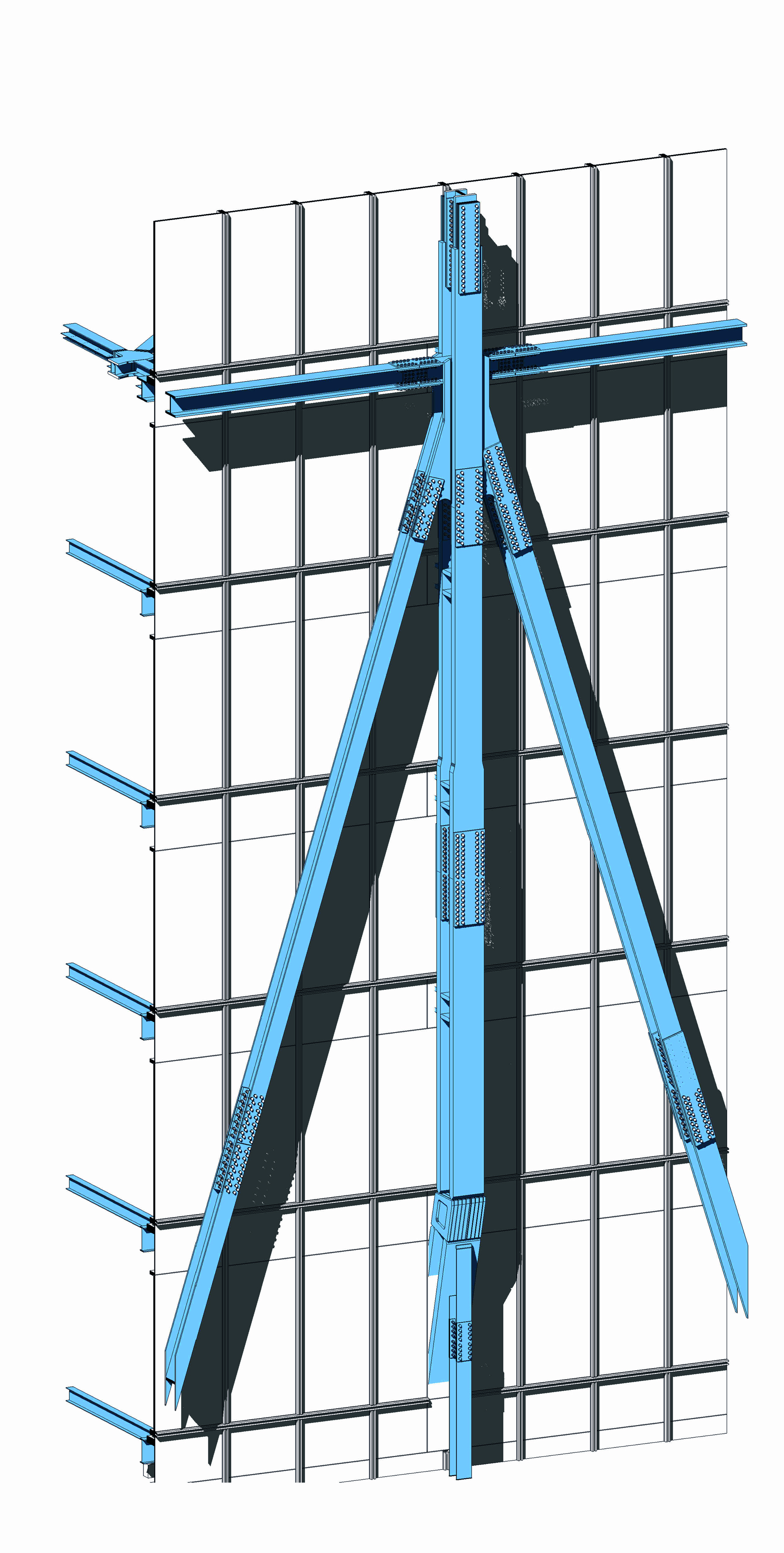 Detail drawing of the diagonal blue bracing intersection with horizontal floor slabs and glazed curtain wall