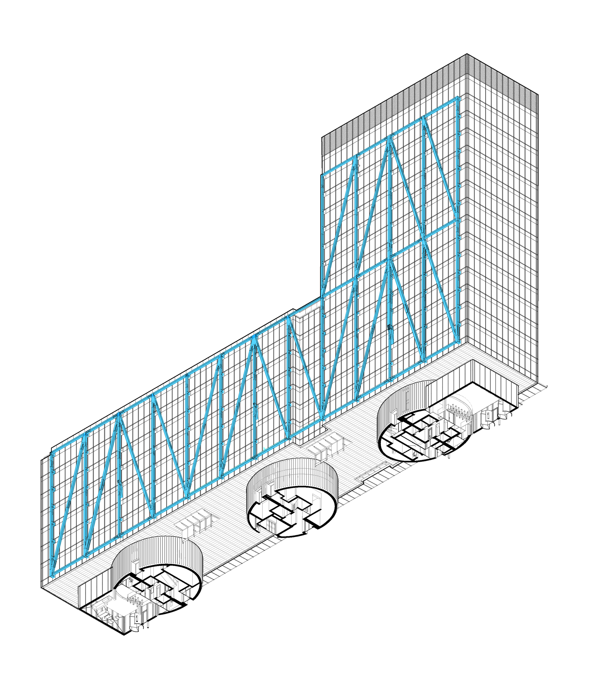 Axonometric drawing showing diagonal blue bracing and three curved ground-floor lobby spaces below tower and podium
